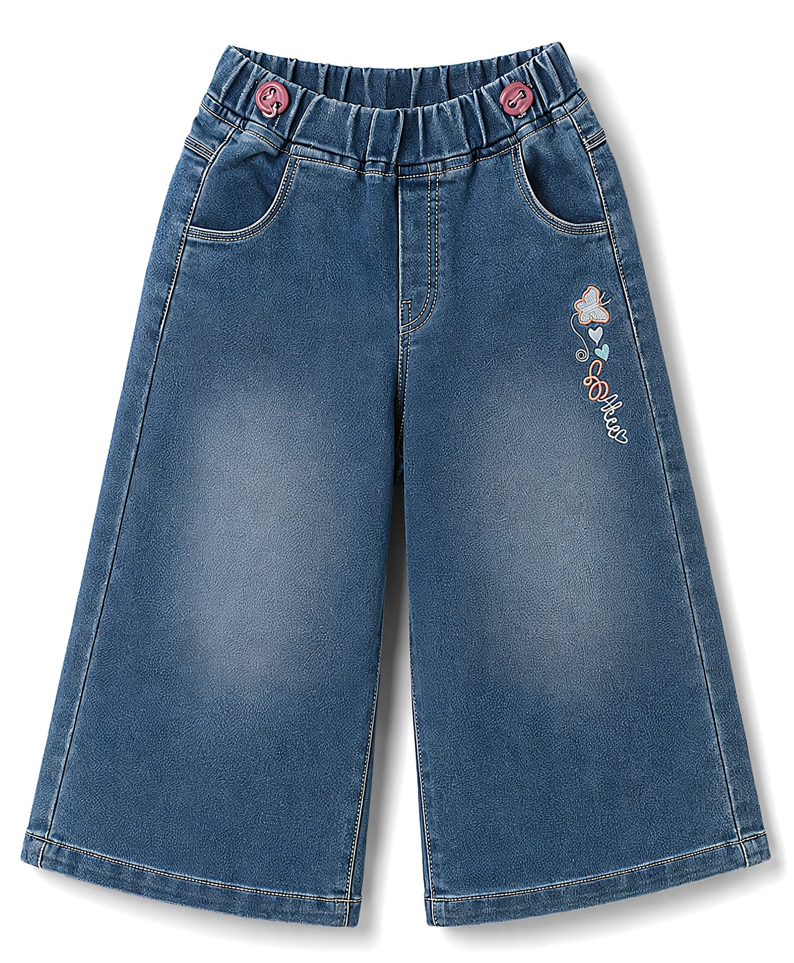 Olio Kids Denim Woven Full Length Jeans with Floral Embroidery - Light Bue-picture-0