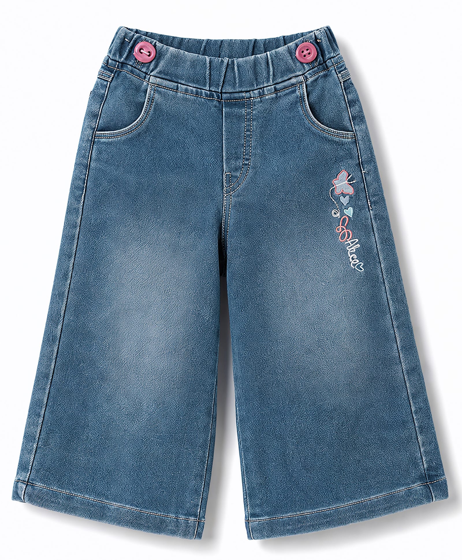 Olio Kids Denim Woven Full Length Jeans with Floral Embroidery - Light Bue-picture-19