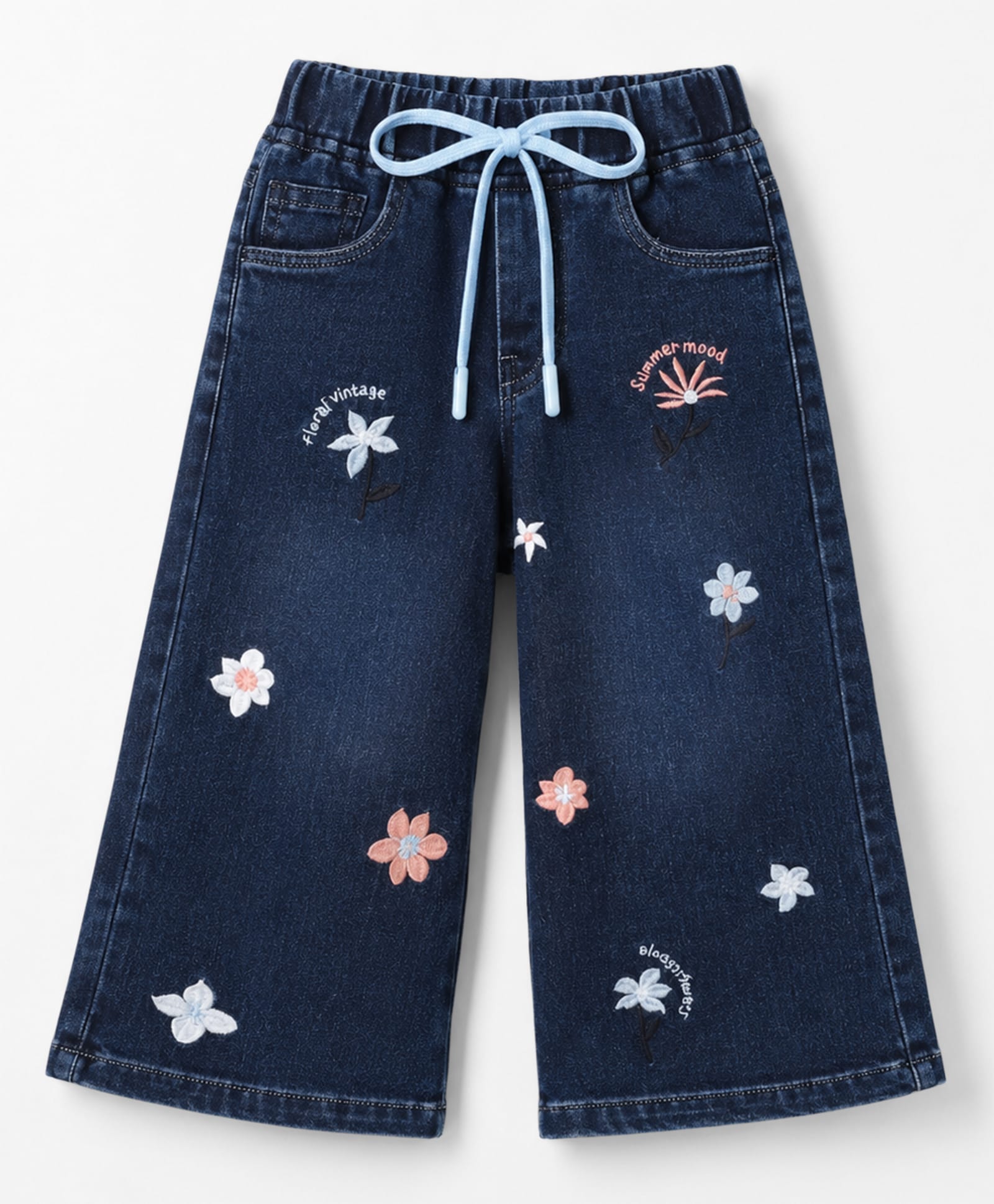 Olio Kids Denim Woven Full Length Jeans with Floral Embroidery - Navy Bue-picture-35