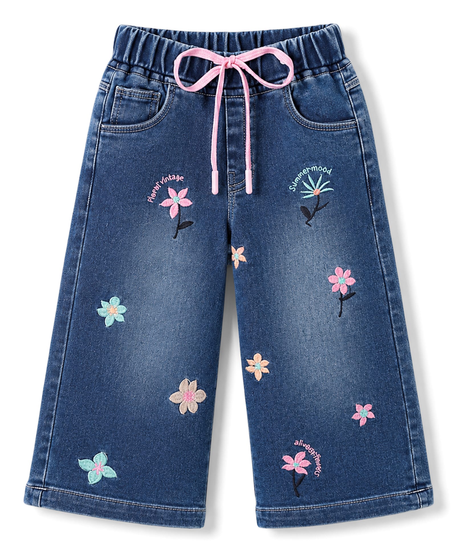 Olio Kids Denim Woven Full Length Jeans with Floral Embroidery - Light Bue-picture-14