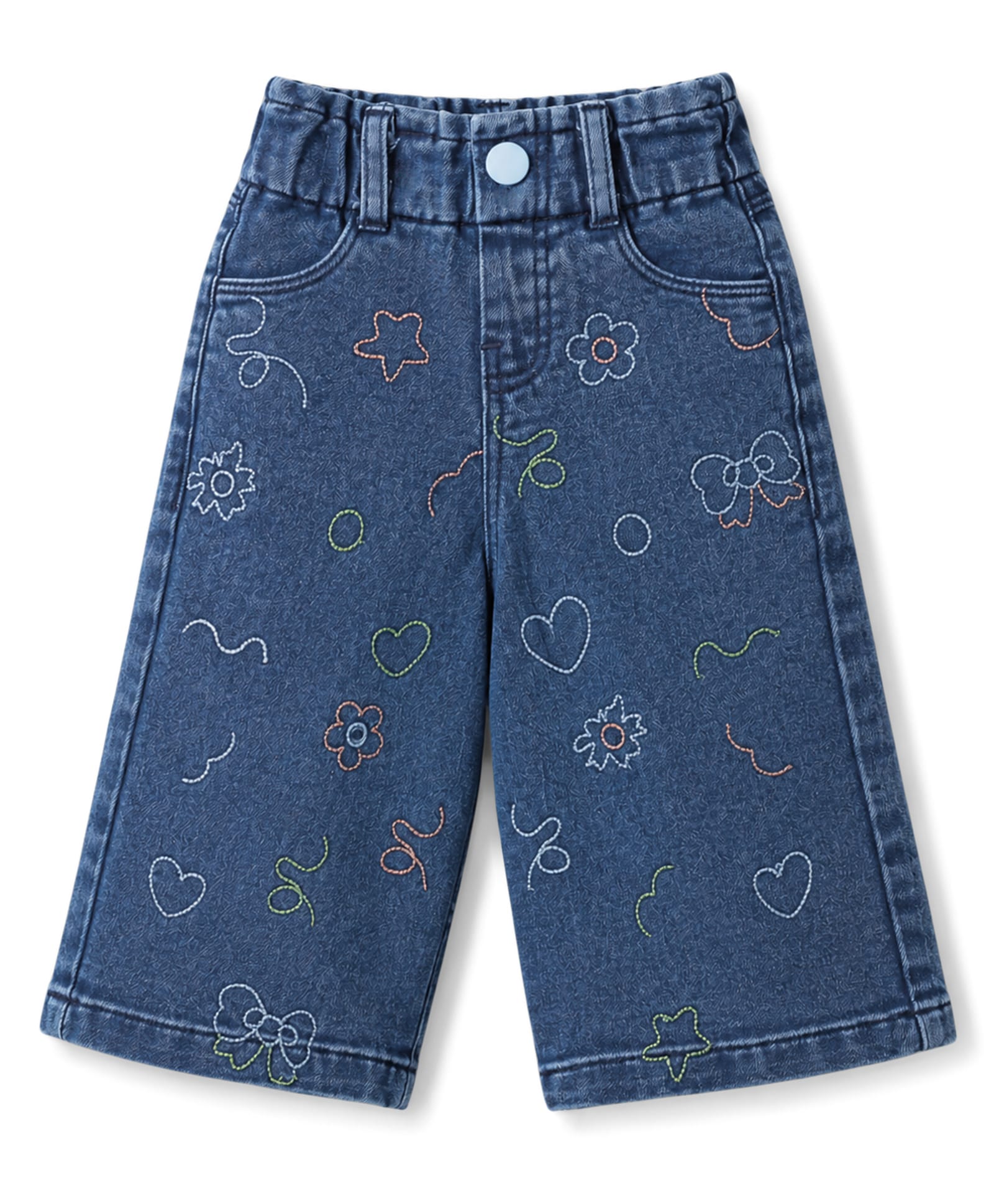Olio Kids Denim Woven Full Length Floral Hearts & Bow Embroidered Jeans - Navy Blue-image-15