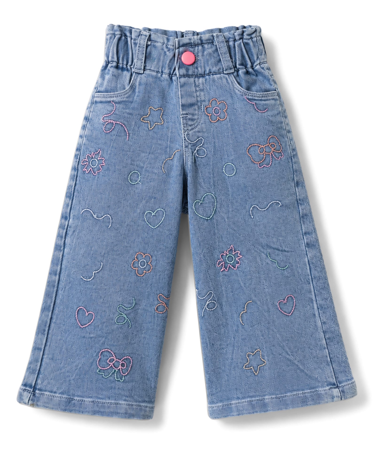 Olio Kids Denim Woven Full Length Floral Hearts & Bow Embroidered Jeans - Light Blue-picture-40