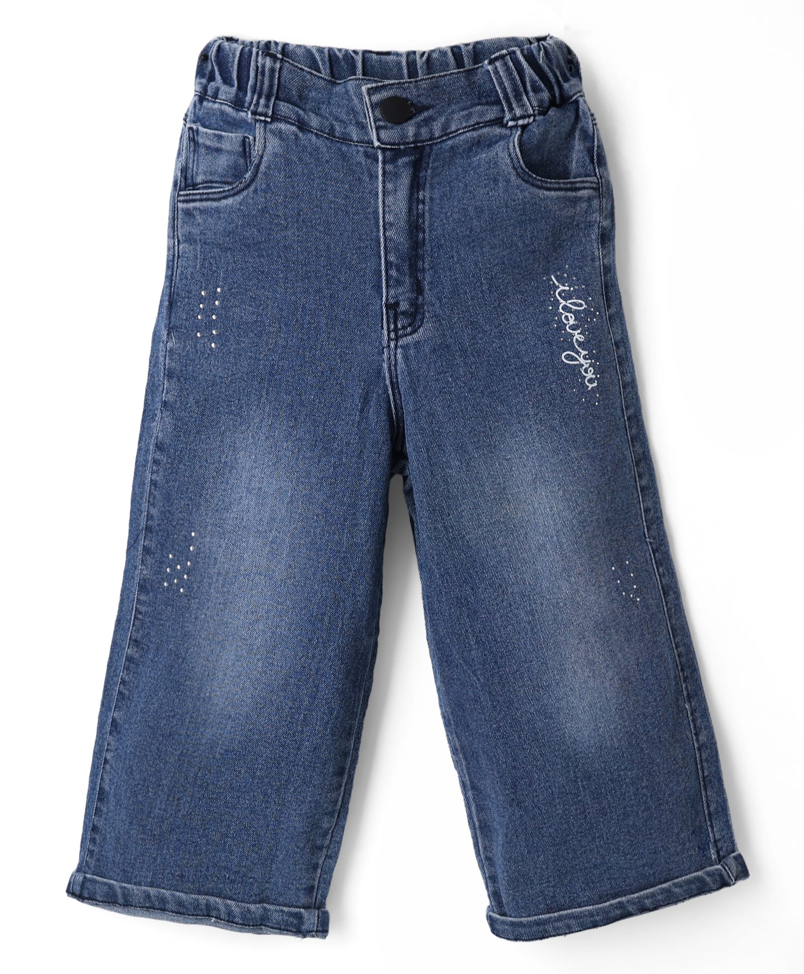 Olio Kids Denim Woven Full Length Jeans with Text Print & Stone Embellishment- Navy Blue-picture-24