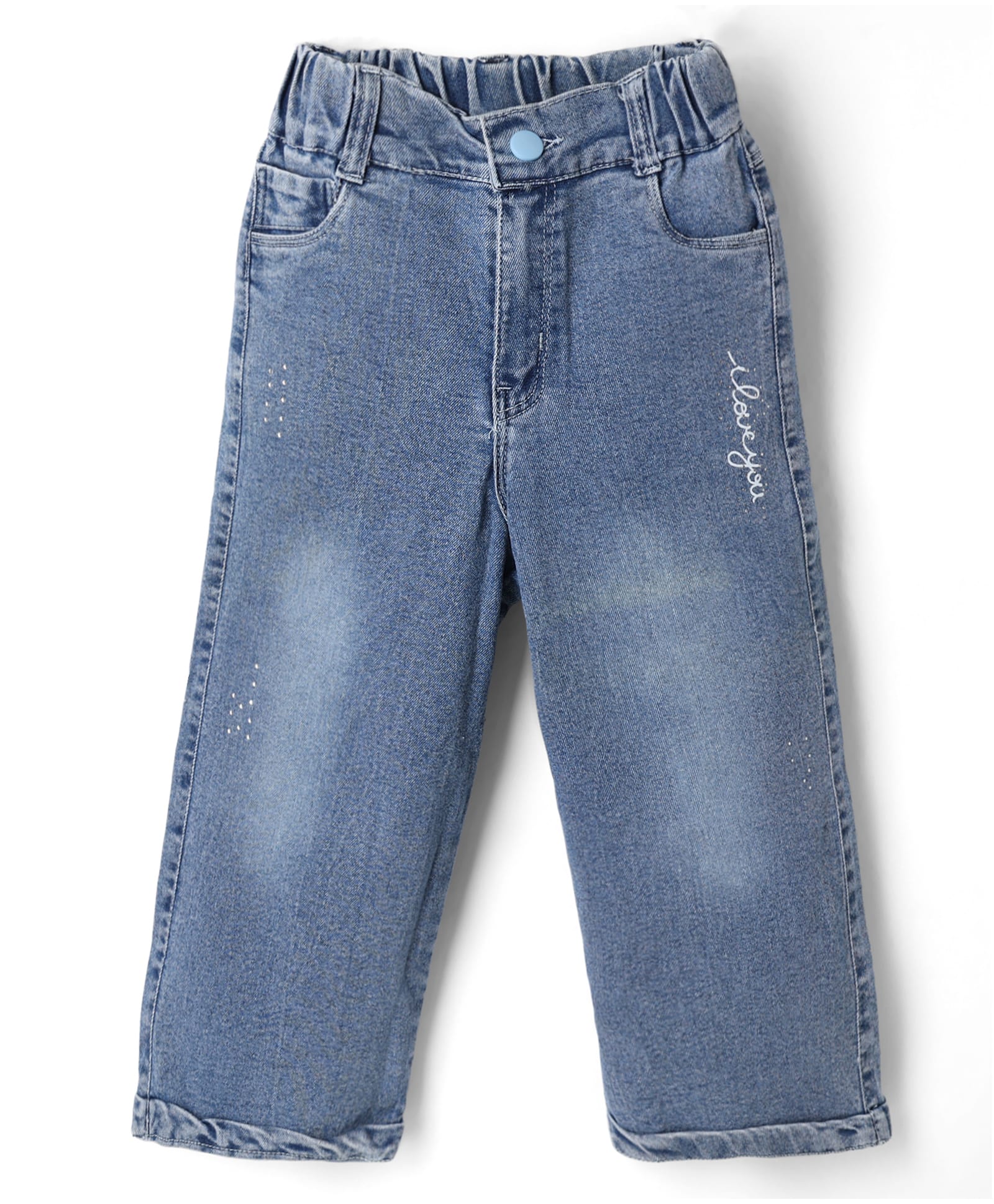 Olio Kids Denim Woven Full Length Jeans with Text Print & Stone Embellishment- Blue-picture-23
