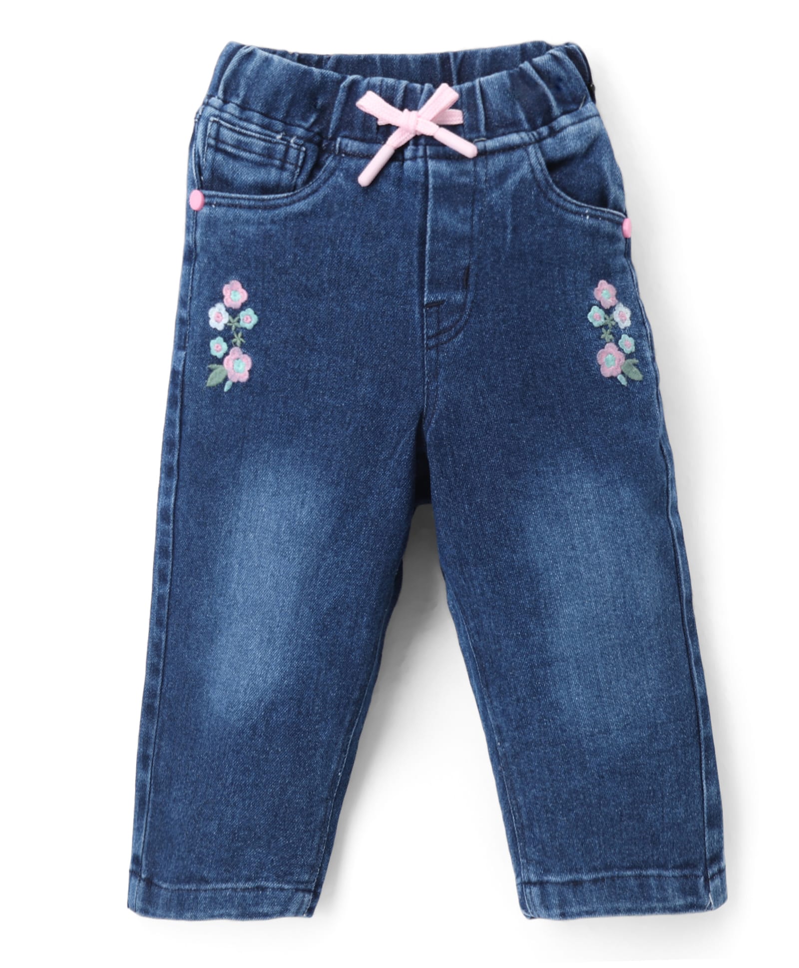 Olio Kids Denim Woven Full Length Jeans with Floral Embroidery- Navy Blue-picture-20