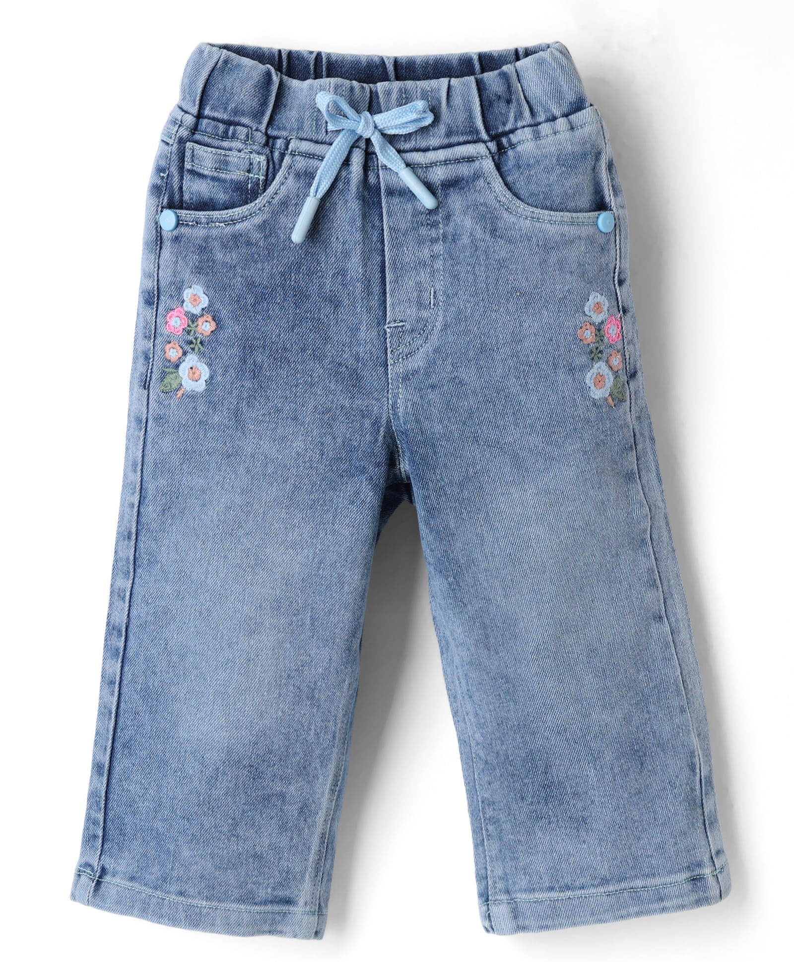 Olio Kids Denim Woven Full Length Jeans with Floral Embroidery-Blue-picture-18