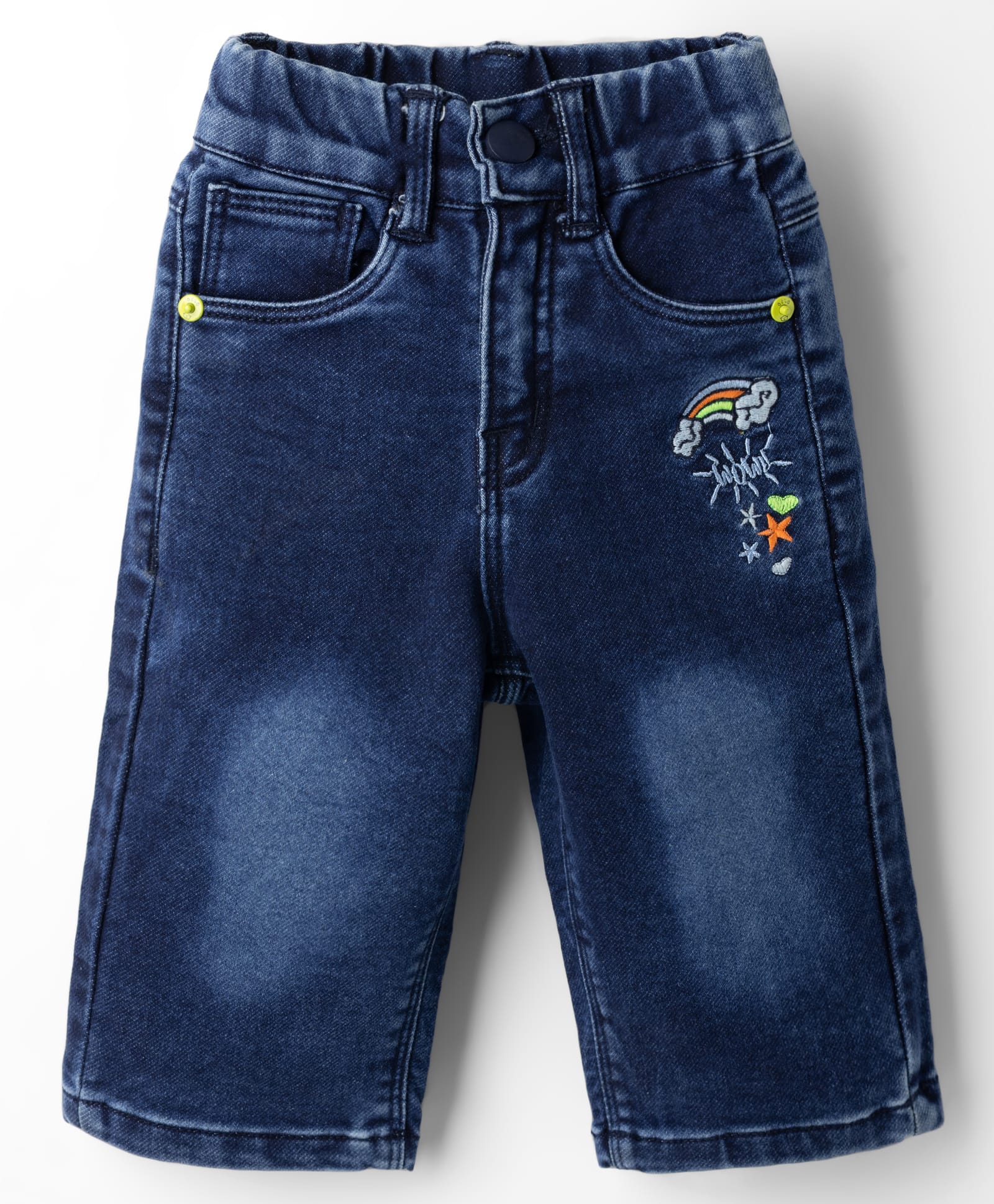Olio Kids Denim Woven Full Length Jeans with Rainbow & Hearts Embroidered- Navy Blue-picture-26