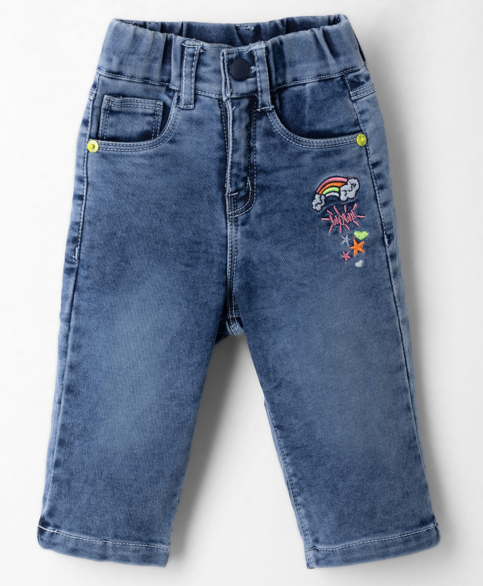 Olio Kids Denim Woven Full Length Jeans with Rainbow & Hearts Embroidered- Blue-picture-28