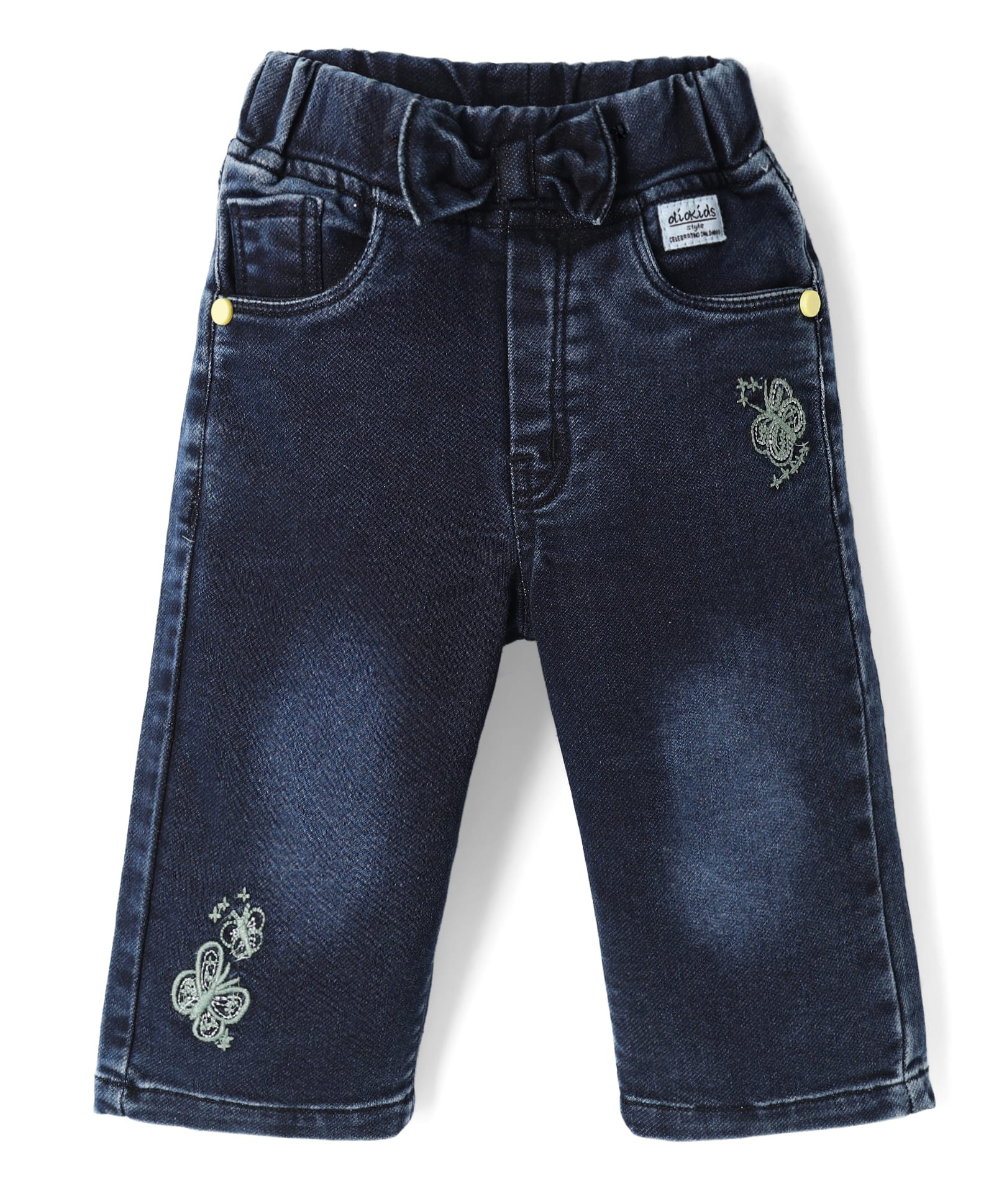 Olio Kids Denim Woven Full Length Jeans with Butterfly Embroidery - Navy Blue-picture-17
