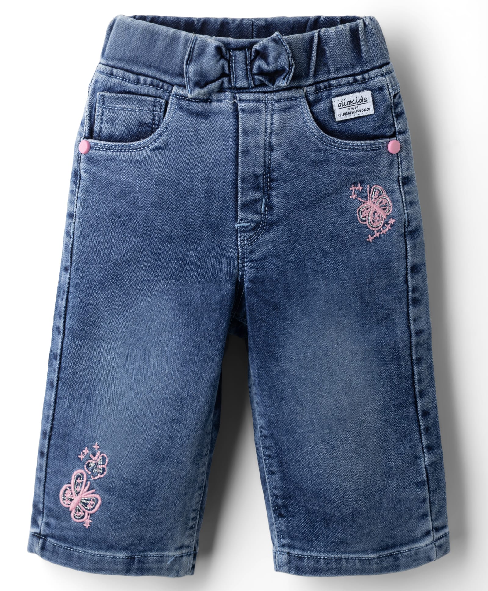 Olio Kids Denim Woven Full Length Jeans with Butterfly Embroidery - Blue-picture-31