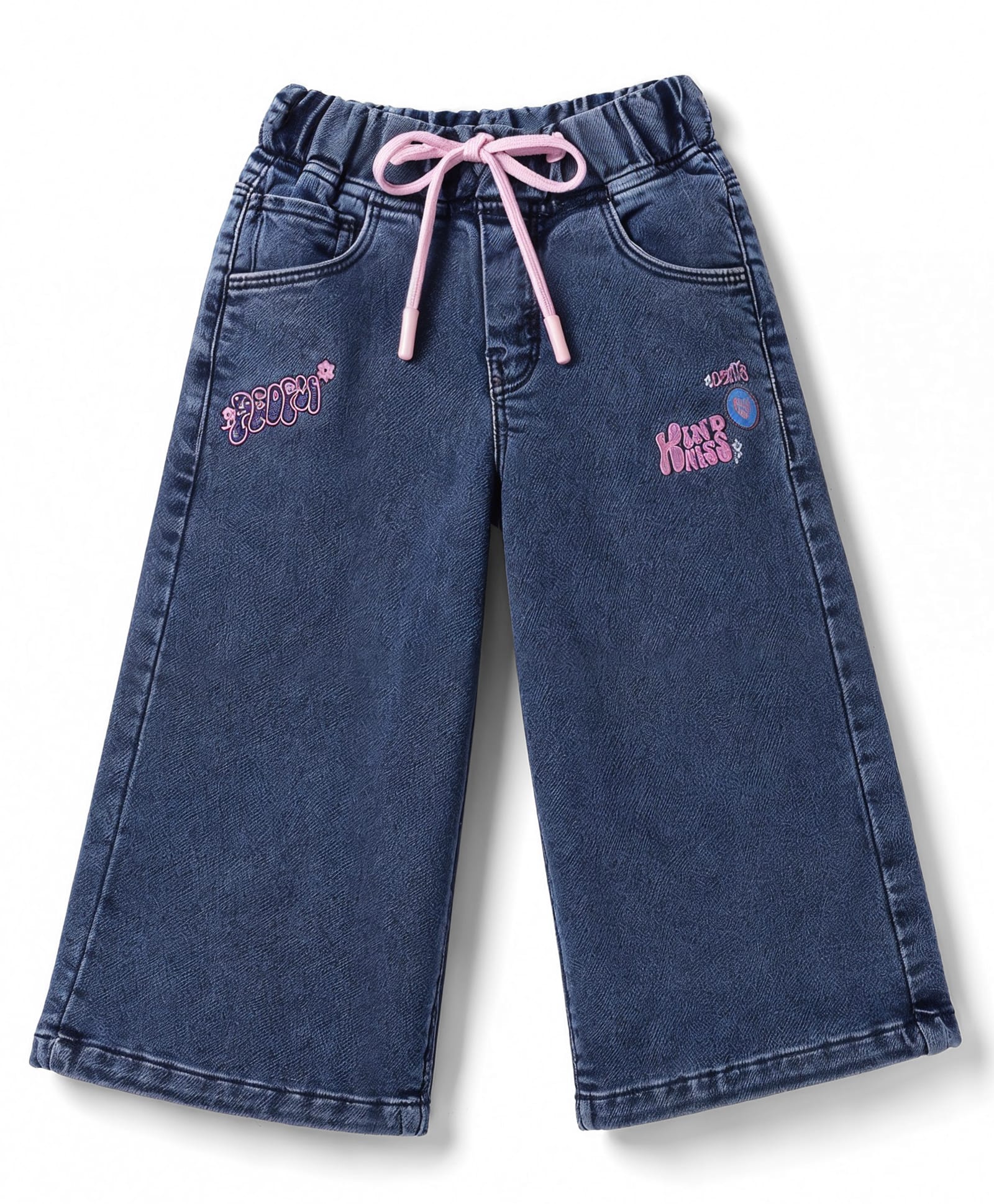 Olio Kids Denim Woven Full Length Jeans with Puffed Text Print - Blue-picture-23