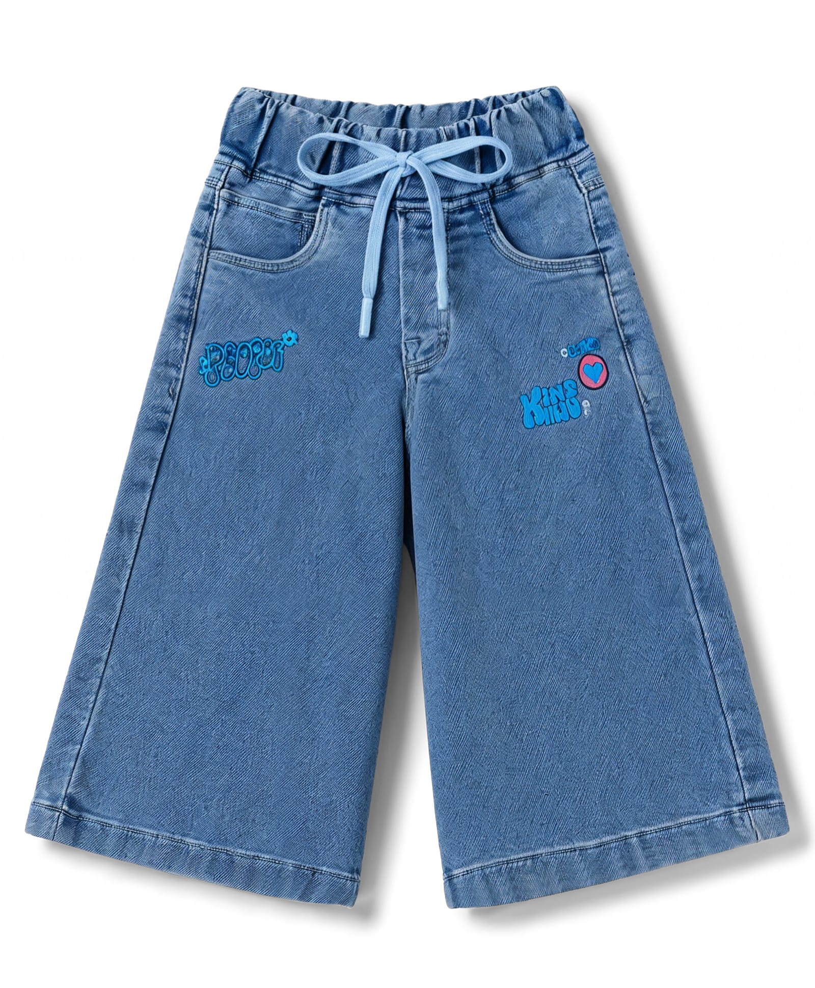 Olio Kids Denim Woven Full Length Jeans with Puffed Text Print- Light Blue-picture-17
