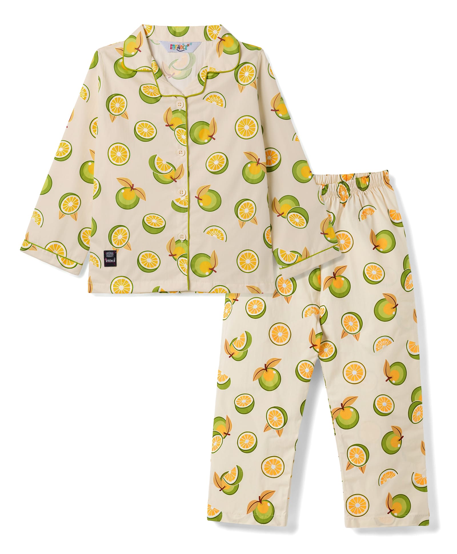 Enfance Core Cotton Woven Full Sleeves Shirt & Pyjama Co-Ord Night Suit With Lemon Print - Yellow-picture-16