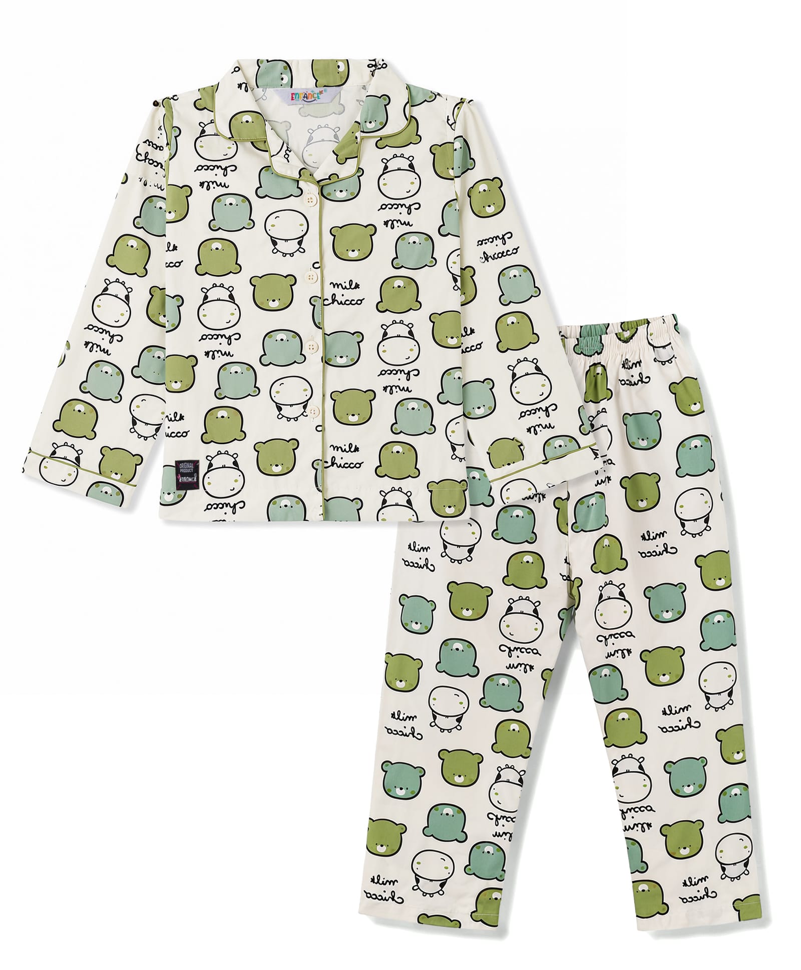 Enfance Core Cotton Woven Full Sleeves Shirt & Pyjama Co-Ord Night Suit With Bear & Cow Print - Green-picture-22