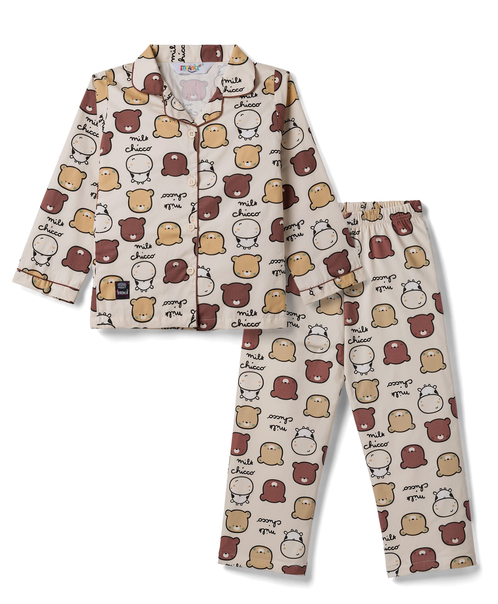 Enfance Core Cotton Woven Full Sleeves Shirt & Pyjama Co-Ord Night Suit With Bear & Cow Print - Brown-picture-13