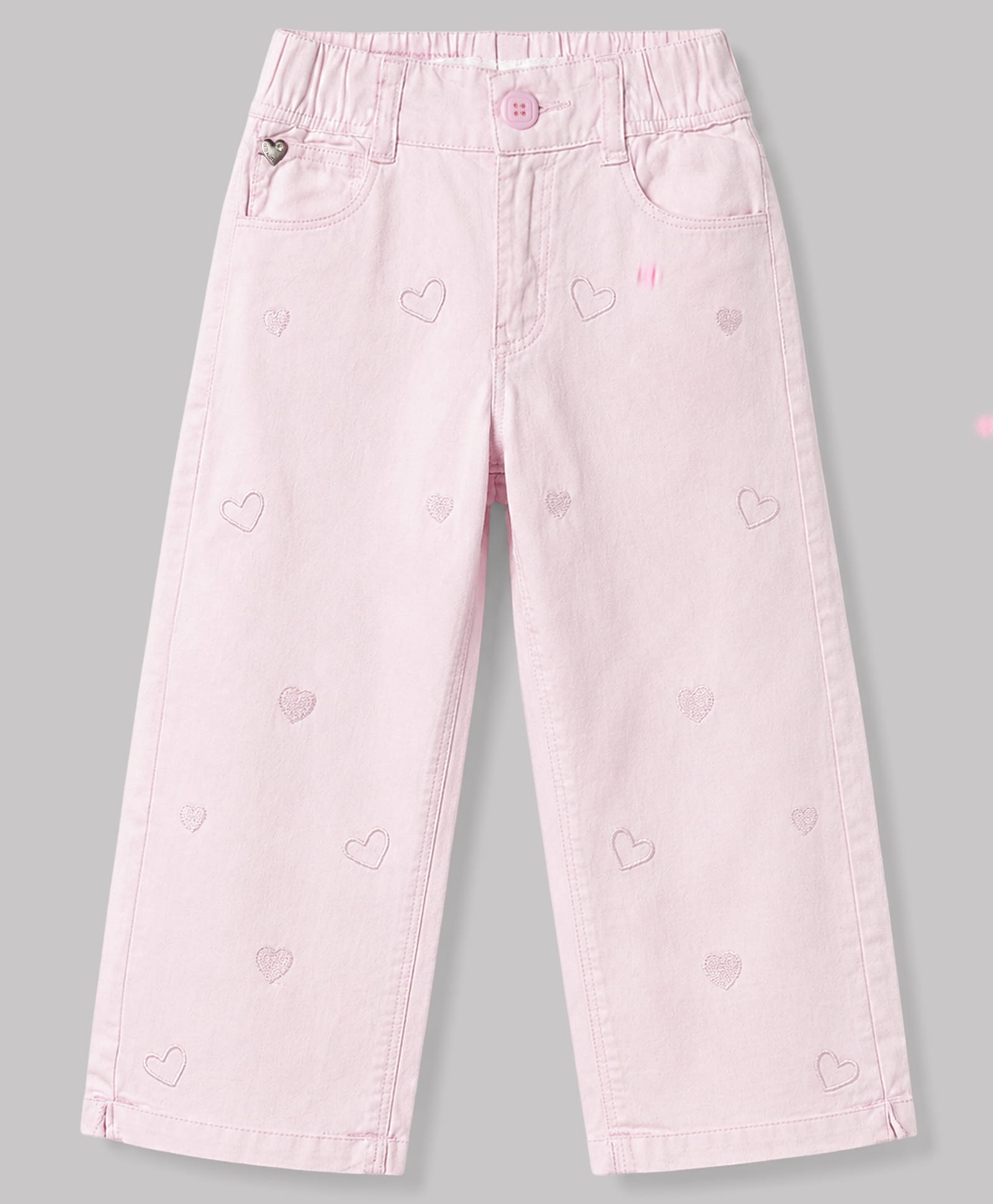 Olio Kids Cotton Woven Full Length Trousers with Heart Embroidery - Pink-picture-28