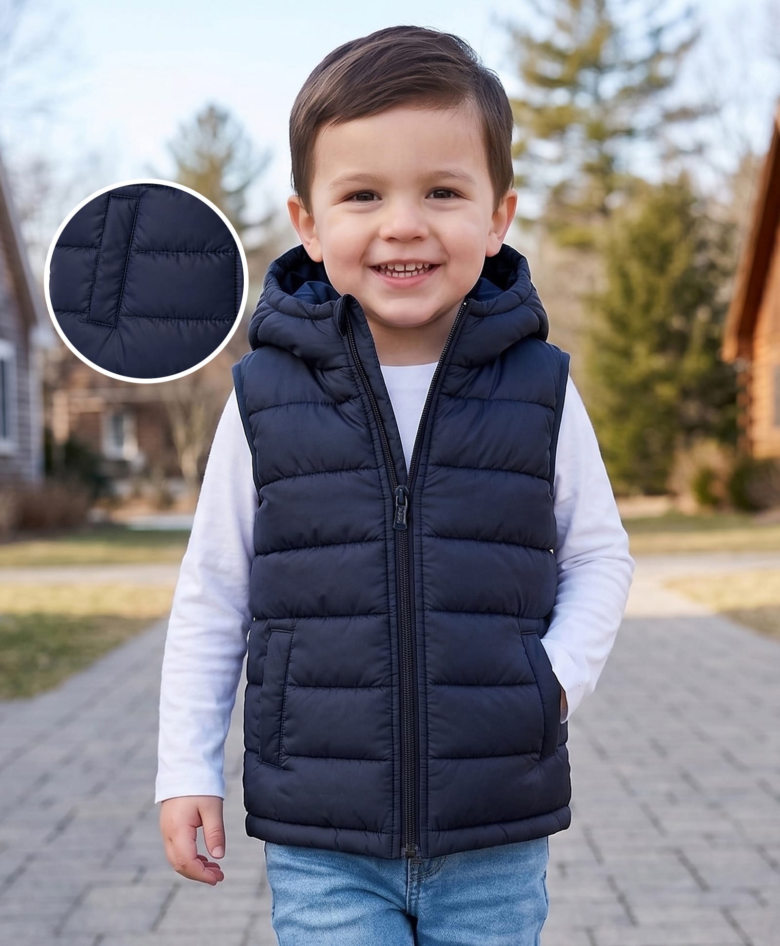 Babyhug Woven Sleeveless Quilted Hooded Jacket - Navy Blue-image-16