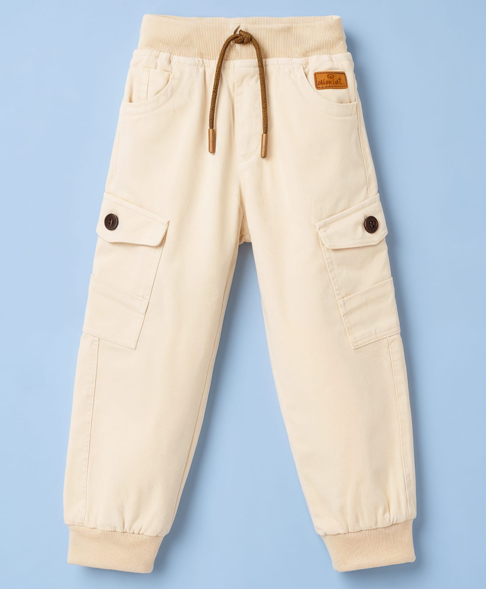 Olio Kids Cotton Woven Full Length Trouser with Crago Pockets - Cream-picture-16