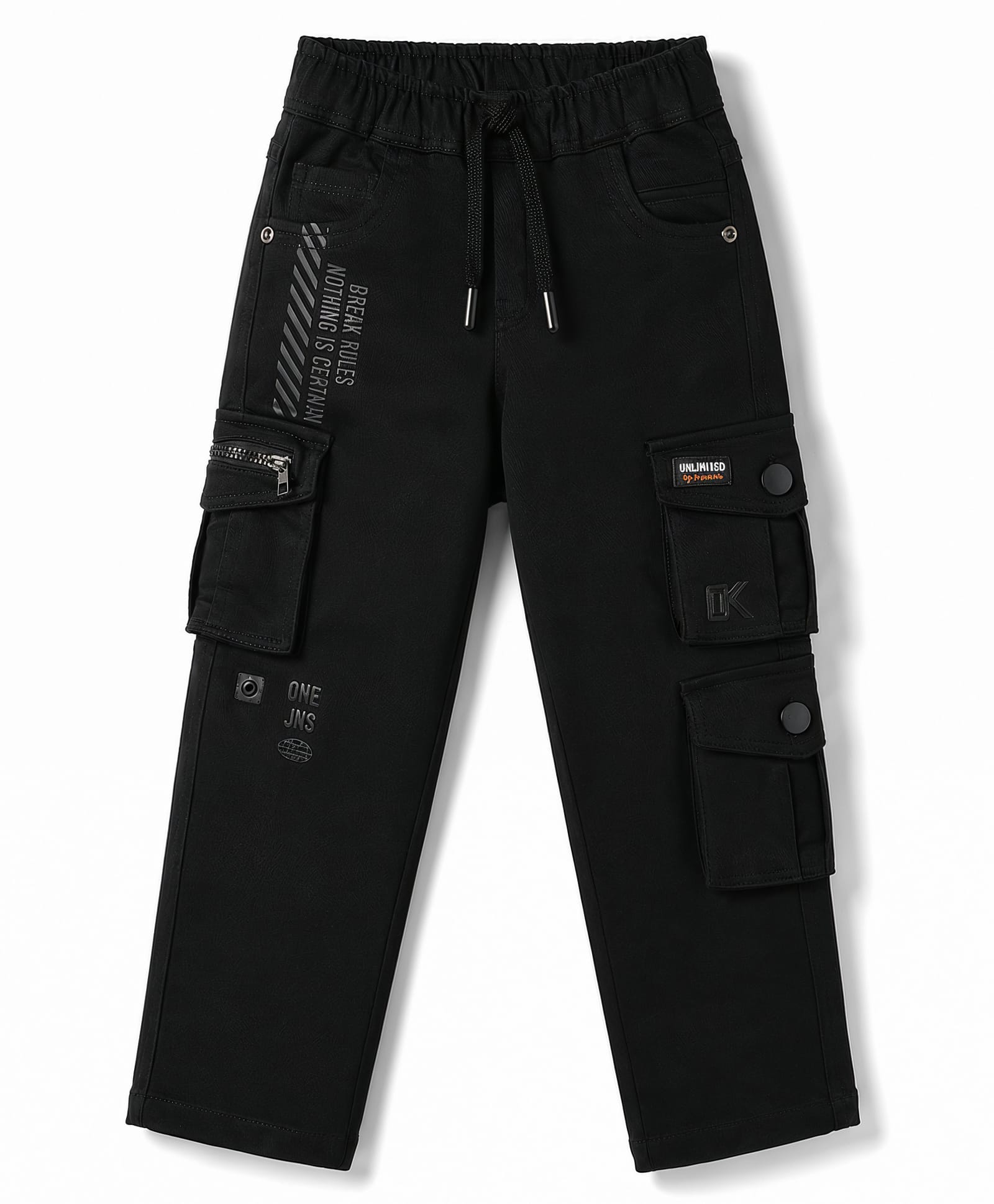Olio Kids Cotton Woven Full Length Cargo Pant With Text Print - Black-picture-16