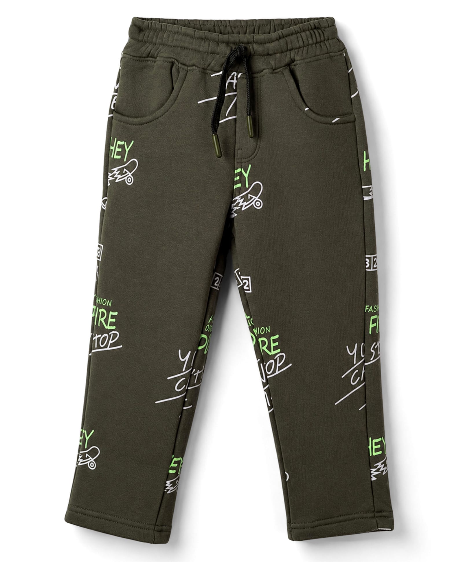 Olio Kids Knitted Full Length Text Printed Lounge Pant - Olive Green-picture-8