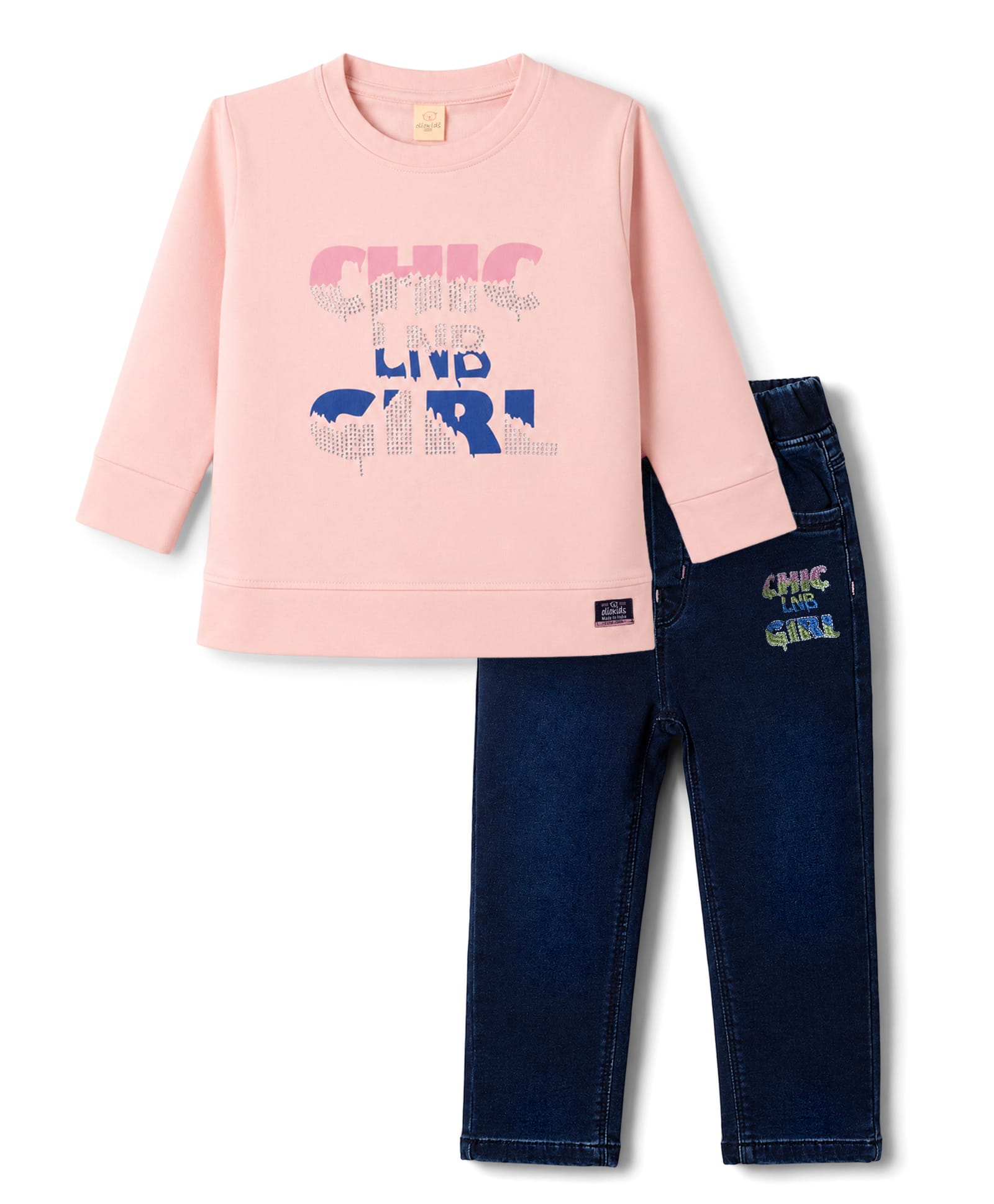 Olio Kids Looper Knit Full Sleeves Sweatshirt & Pant Winter Wear Suit With Text Print - Pink-picture-34