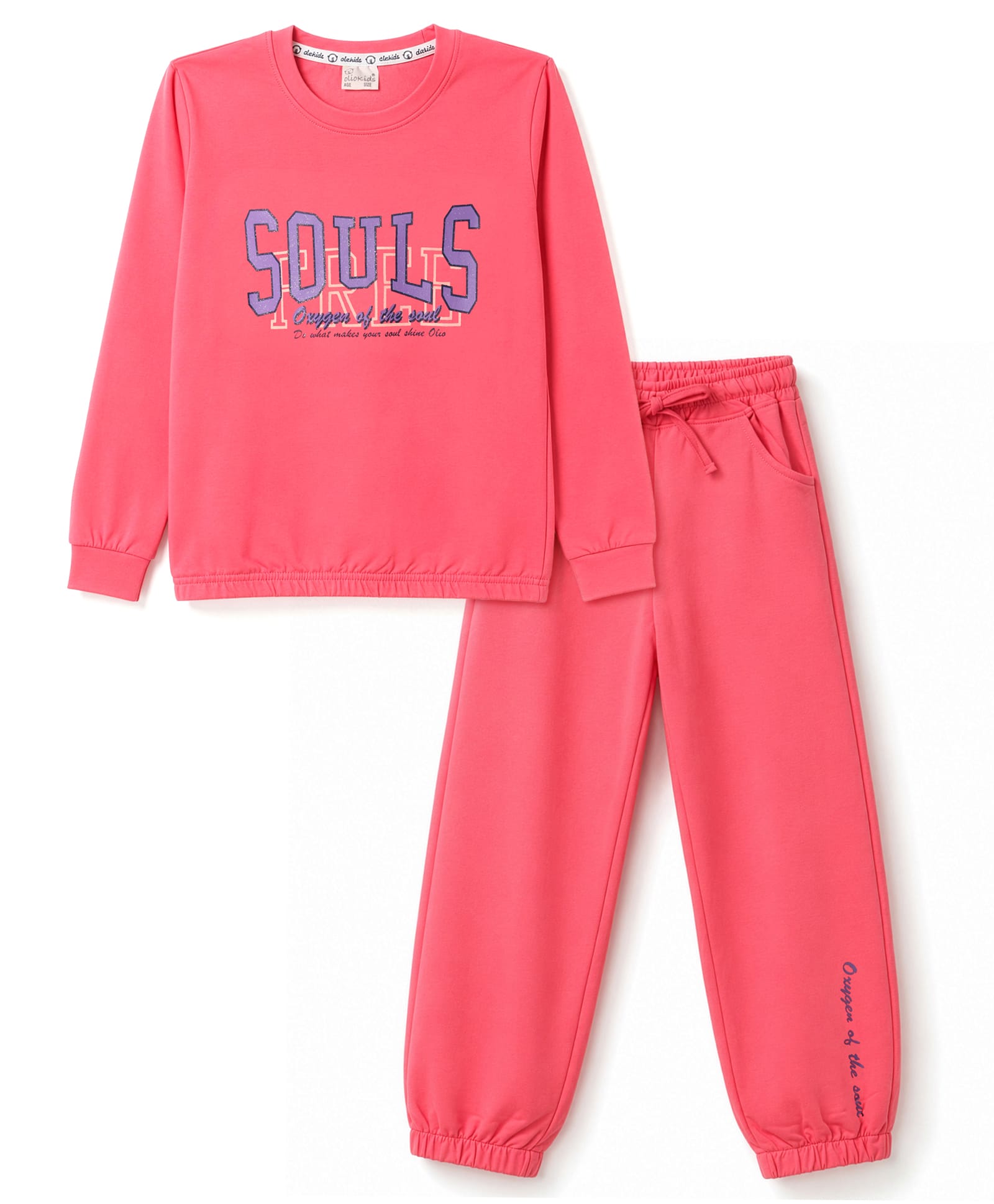 Olio Kids Looper Knit Full Sleeves Sweatshirt & Jogger Winter Wear Suit With Text Print - Fuchsia-picture-25