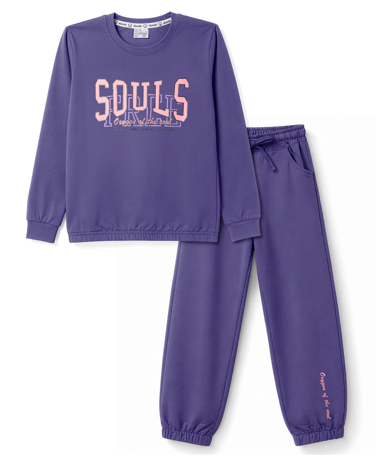 Olio Kids Looper Knit Full Sleeves Sweatshirt & Jogger Winter Wear Suit With Text Print - Purple-picture-32