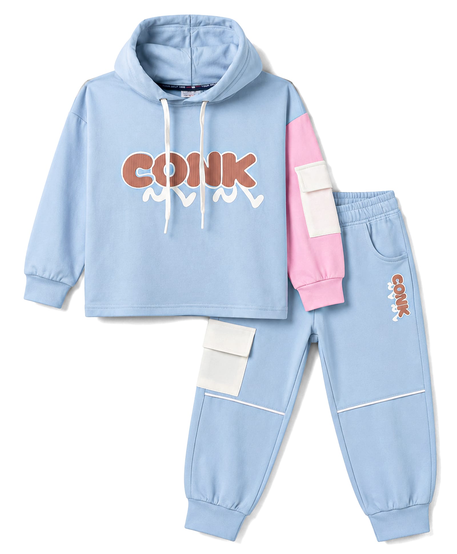 Olio Kids Looper Knit Full Sleeves Hooded Sweatshirt & Joggers Winter Wear Suit With Text Print - Sky Blue-image-24