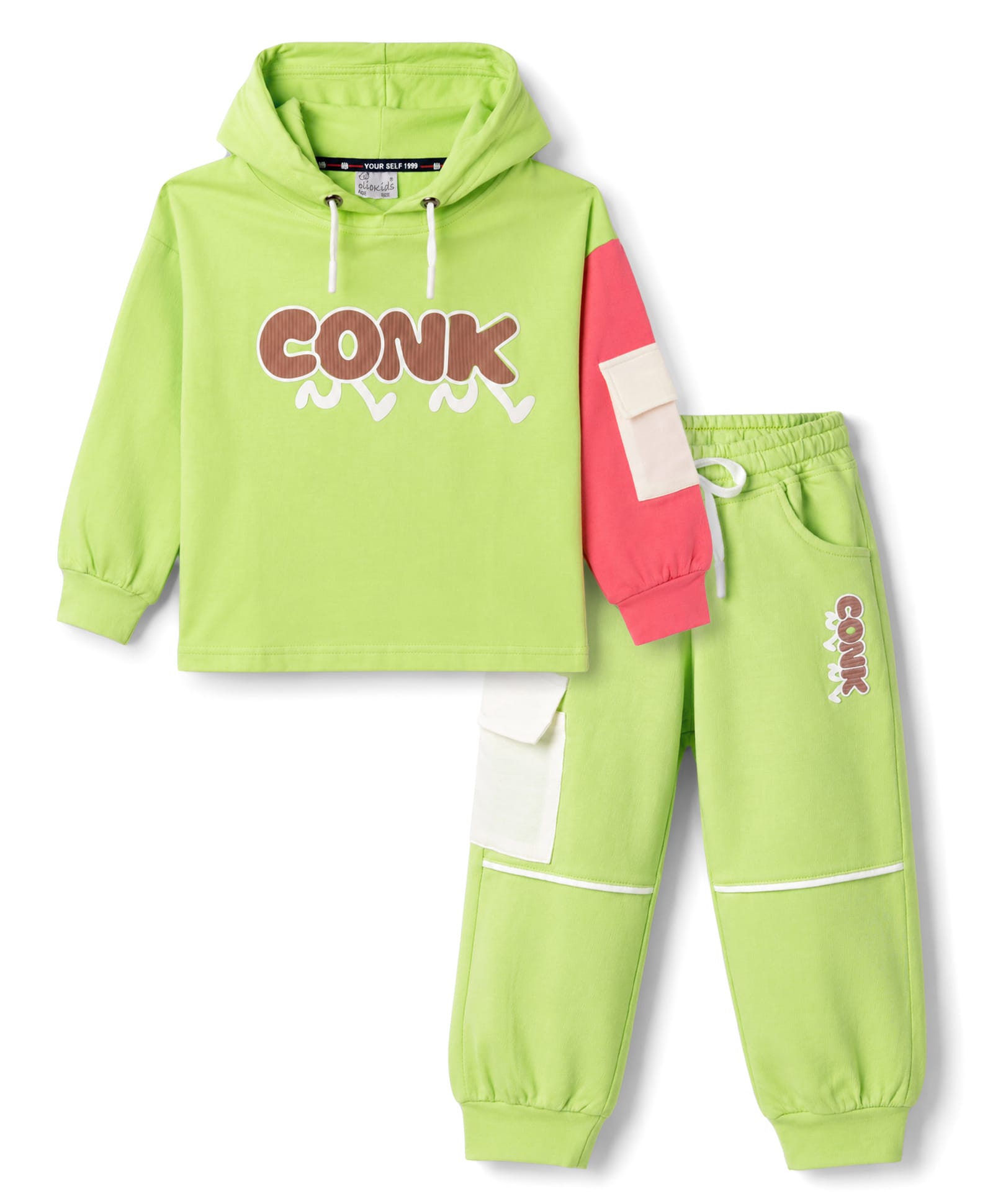 Olio Kids Looper Knit Full Sleeves Hooded Sweatshirt & Joggers Winter Wear Suit With Text Print - Limegreen-image-31