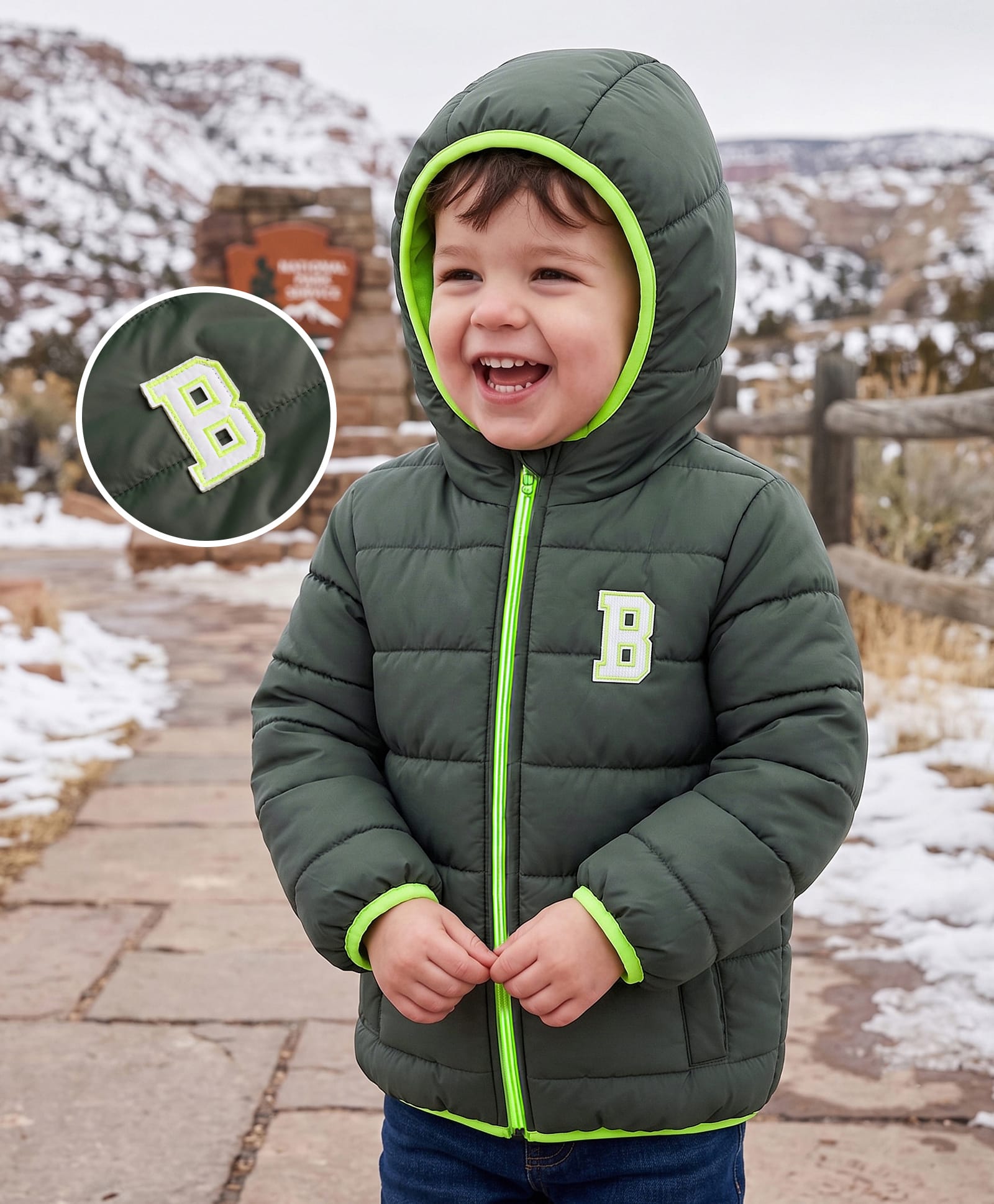Babyhug Woven Full Sleeves Padded Hooded Jacket - Olive Green-image-48