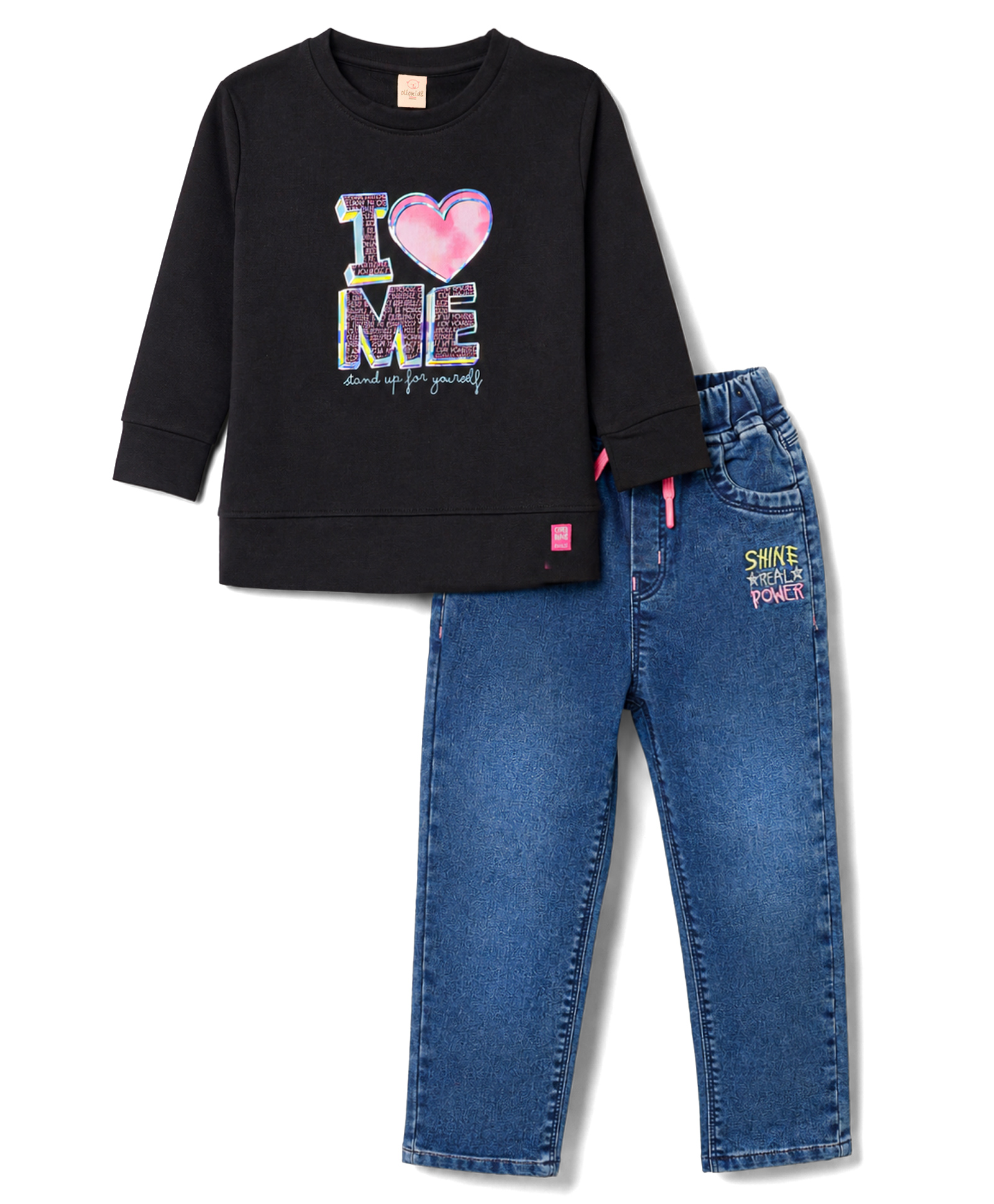 Olio Kids Looper Knit Full Sleeves Text & Heart Printed Winter Wear Set - Black-image-48