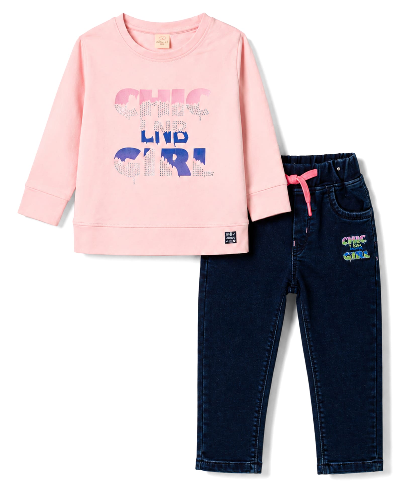 Olio Kids Looper Knit Full Sleeves Text Printed Winter Wear Set - Pink-picture-48