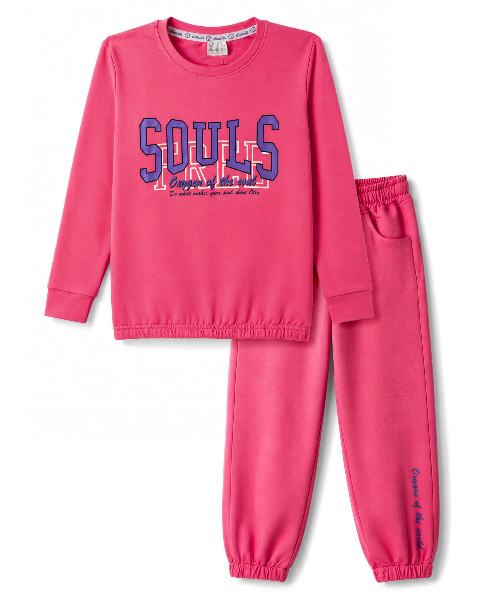 Olio Kids Looper Knit Full Sleeves Sweatshirt & Joggers Winter Wear Suit With Text Print - Fuchsia-picture-20