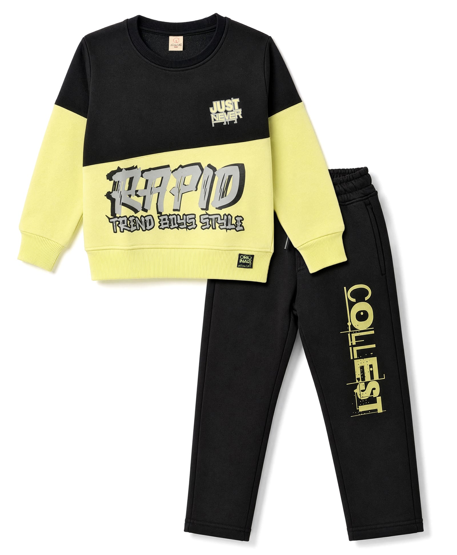 Olio Kids Fleece Knit Full Sleeves Sweatshirt & Jogger Winter Wear Suit With Text Print - Black-image-42