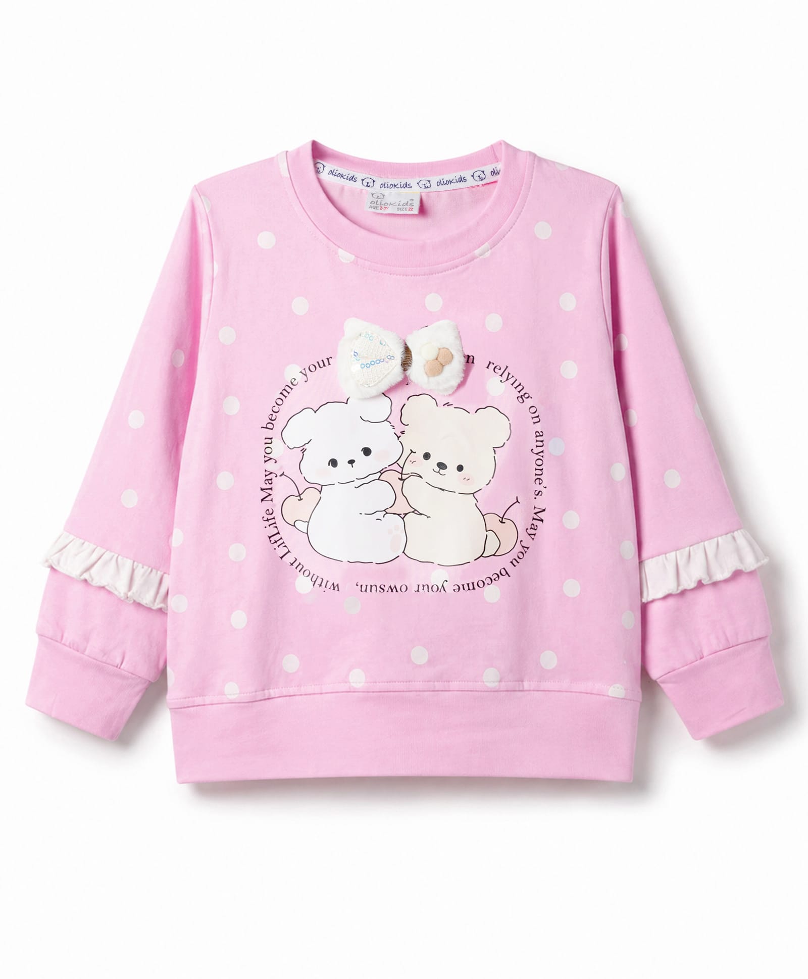Olio Kids Looper Knit Full Sleeves Winter T-Shirt with Polka Dot Print & Frill Detailing -Pink-picture-36