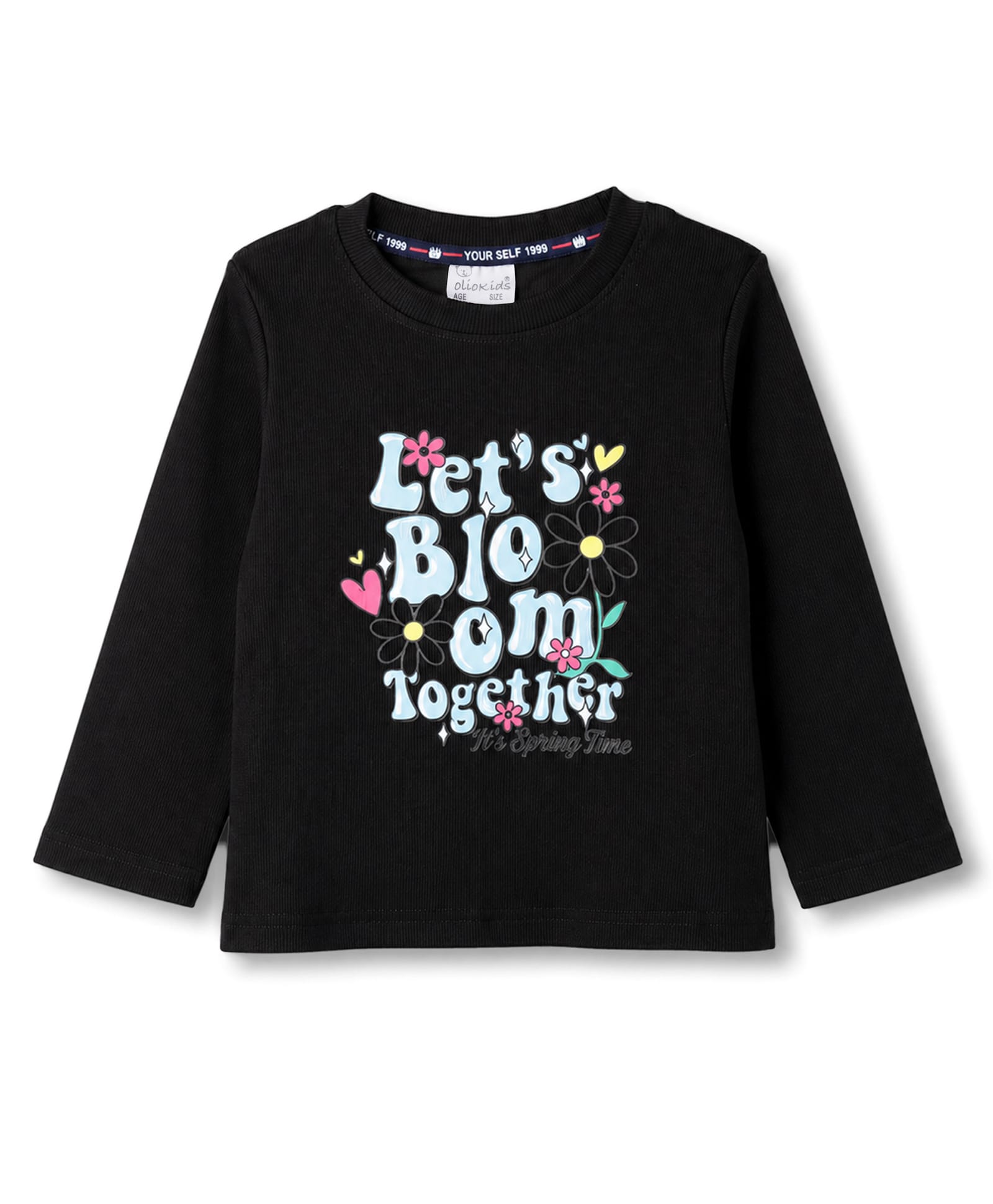 Olio Kids Sinker Knit Full Sleeves T-Shirt with Text & Floral Print - Black-picture-12
