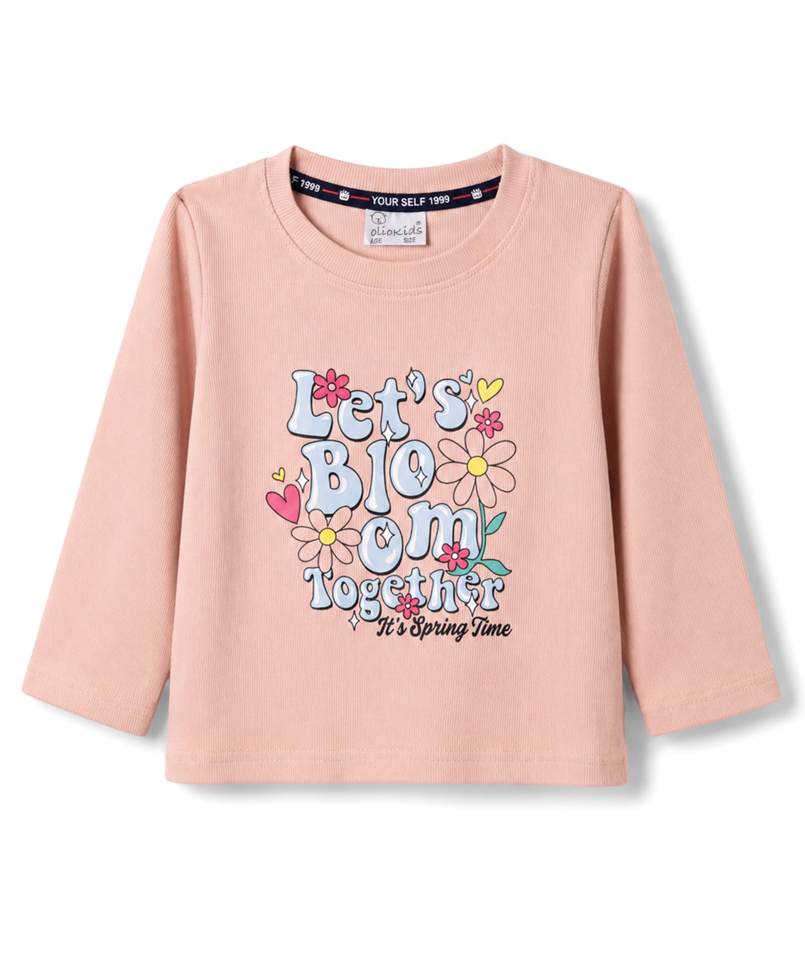 Olio Kids Sinker Knit Full Sleeves T-Shirt with Text & Floral Print - Peach-picture-30