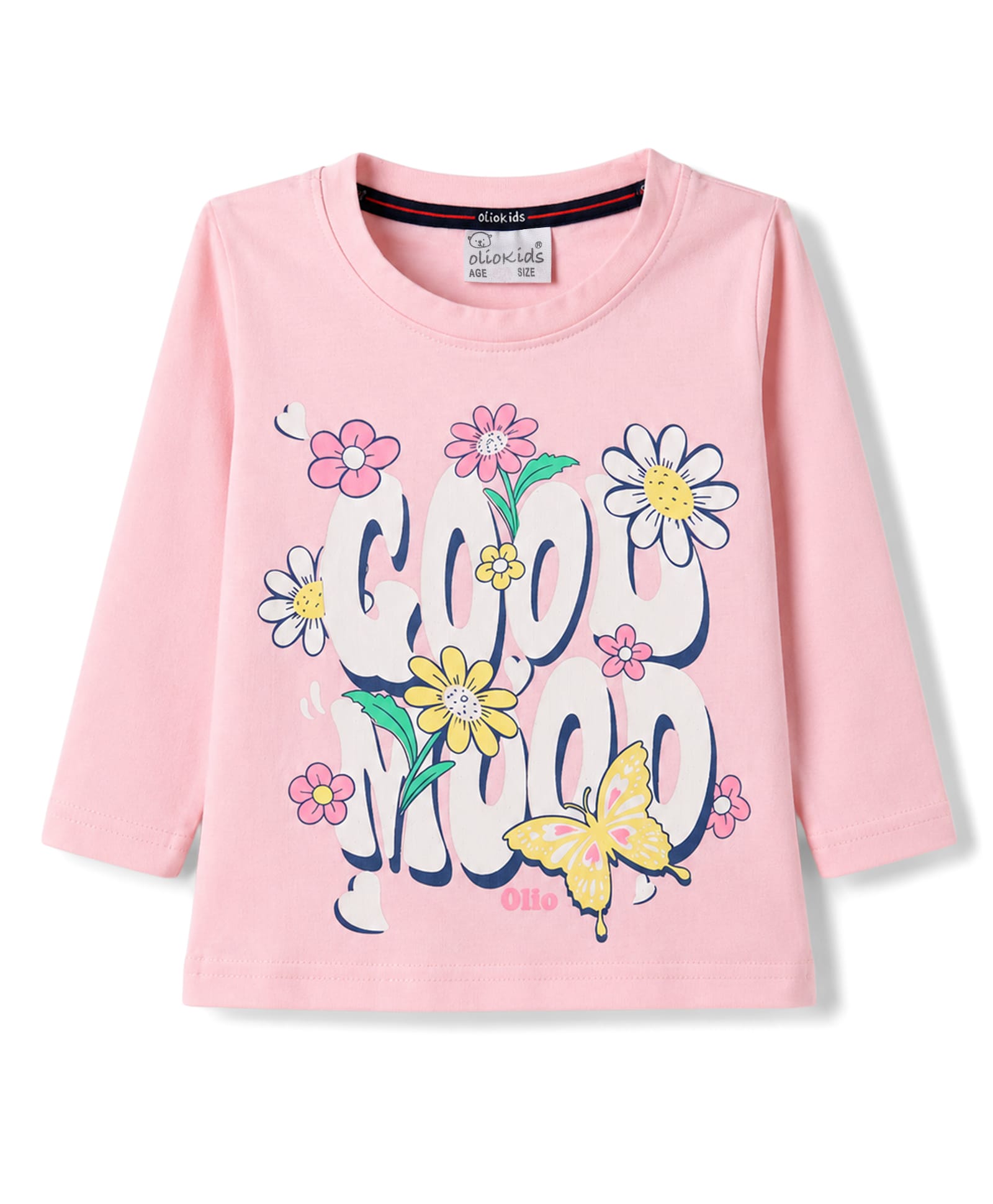 Olio Kids Sinker Knit Full Sleeves T-Shirt with Text & Floral Print - Pink-picture-21
