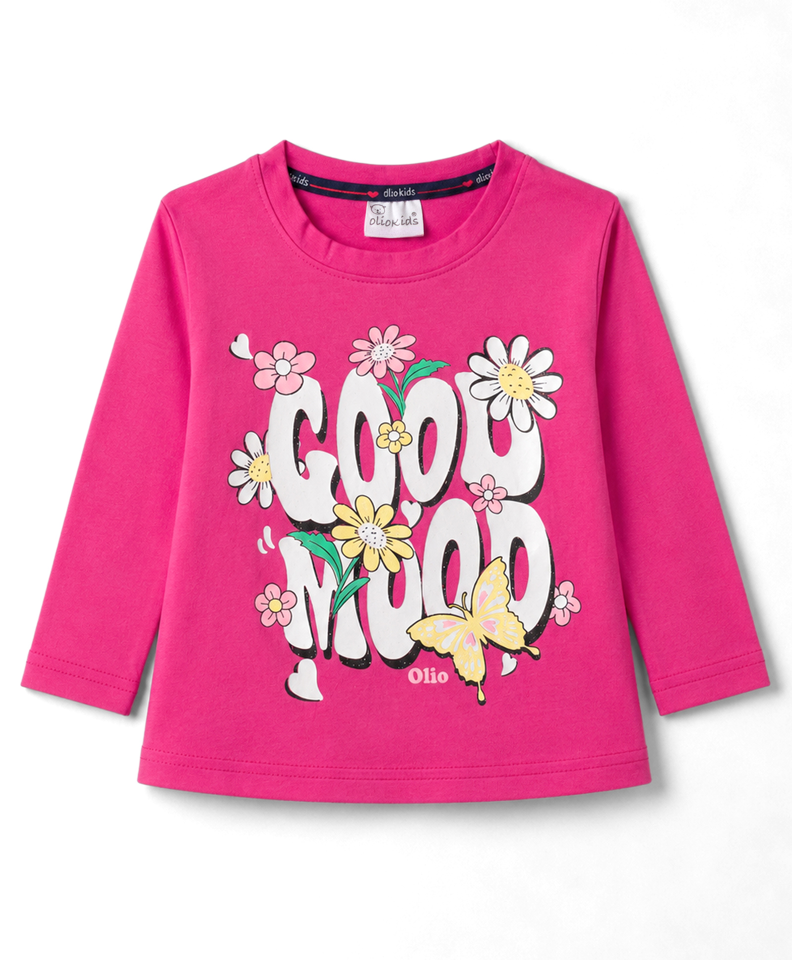 Olio Kids Sinker Knit Full Sleeves T-Shirt with Text & Floral Print - Dark Pink-image-42