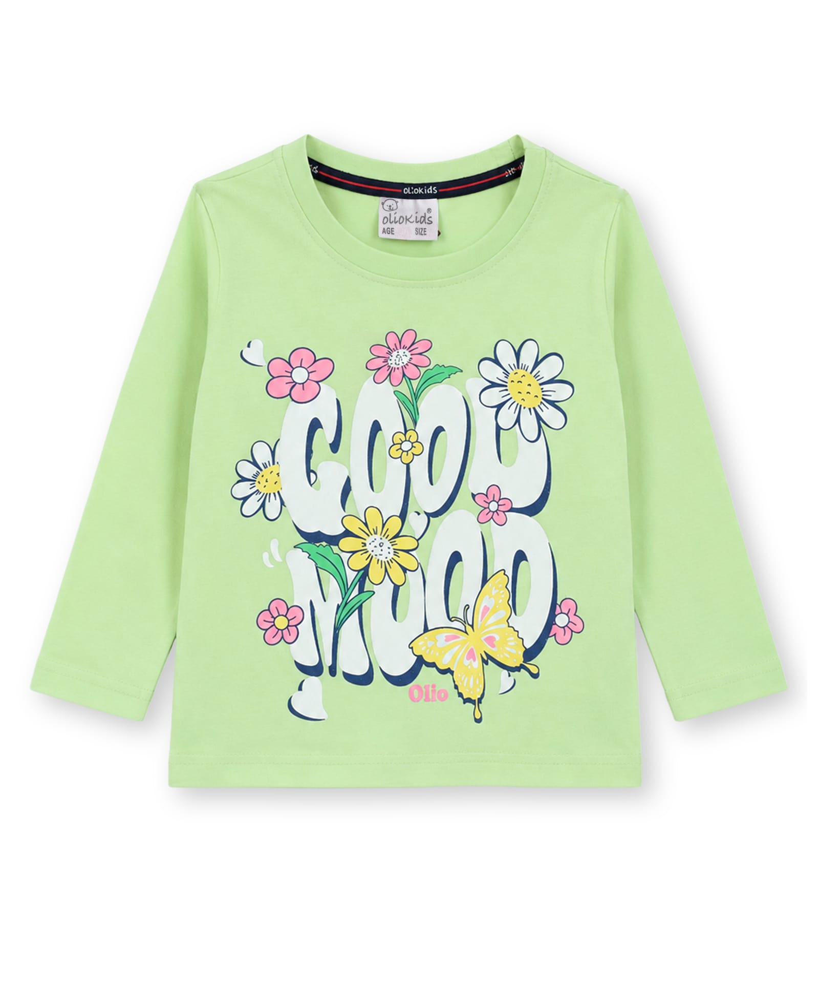 Olio Kids Sinker Knit Full Sleeves T-Shirt with Text & Floral Print - Sea Green-picture-46