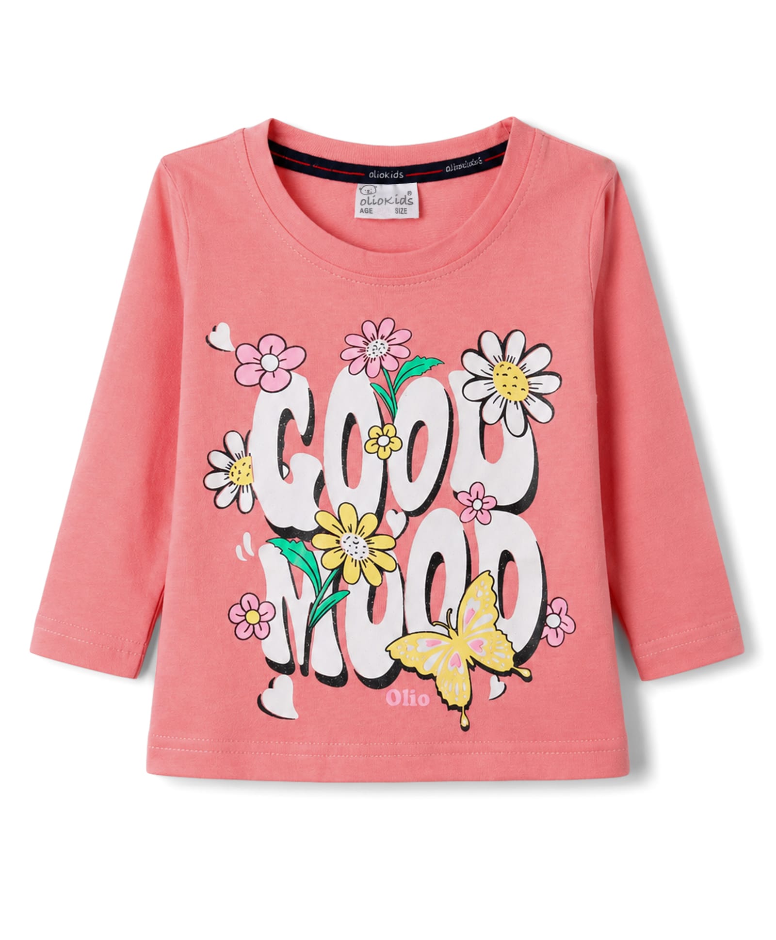 Olio Kids Sinker Knit Full Sleeves T-Shirt with Text & Floral Print - Pink-picture-20
