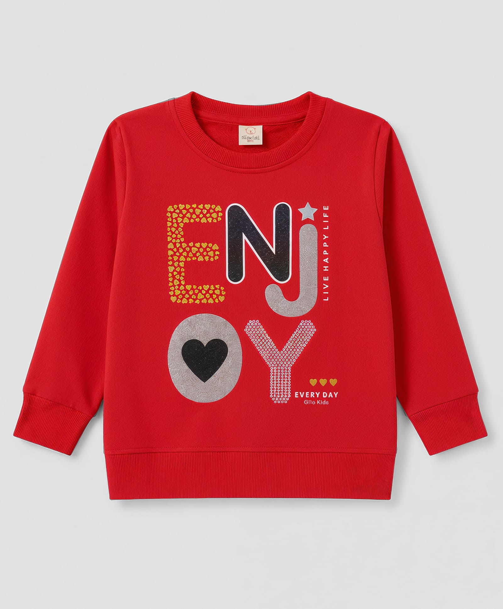 Olio Kids Looper Knit Full Sleeves Winter T-Shirt with Glitter Text Print - Red-picture-14