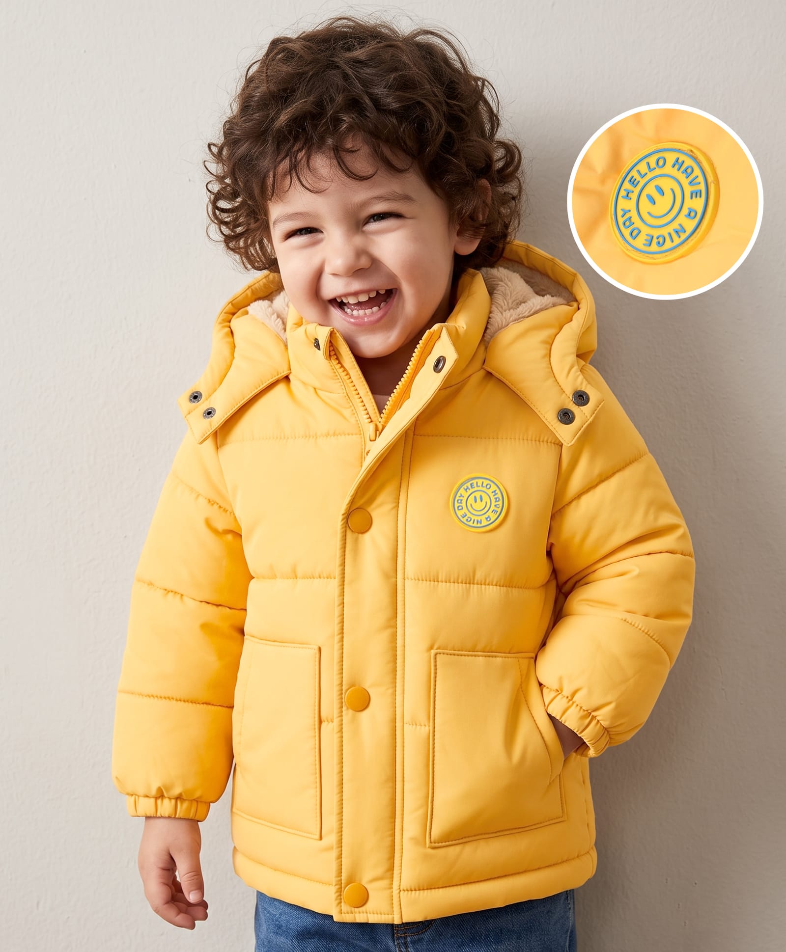 Babyhug Woven Full Sleeves Padded Hooded Jacket With Smiley Patch - Yellow-image-44
