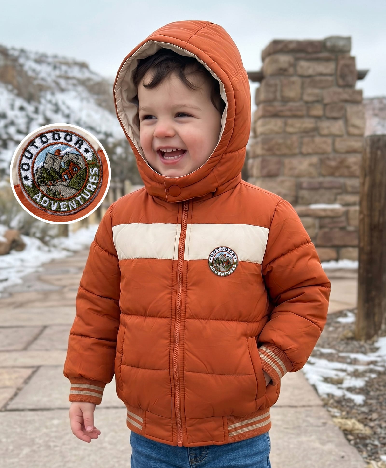 Babyhug Woven Full Sleeves Hooded Padded Jacket with Camping Patch - Brown-image-38