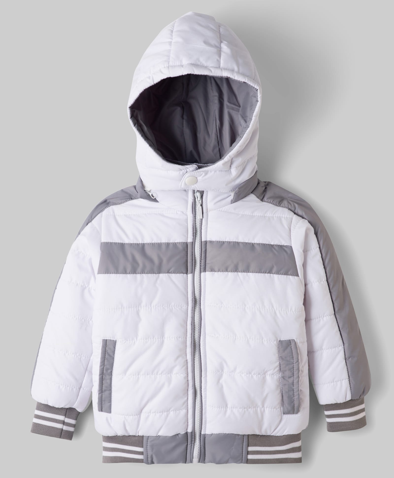 Babyhug Woven Full Sleeves Padded Jacket with Detachable Hood - White & Grey-image-41