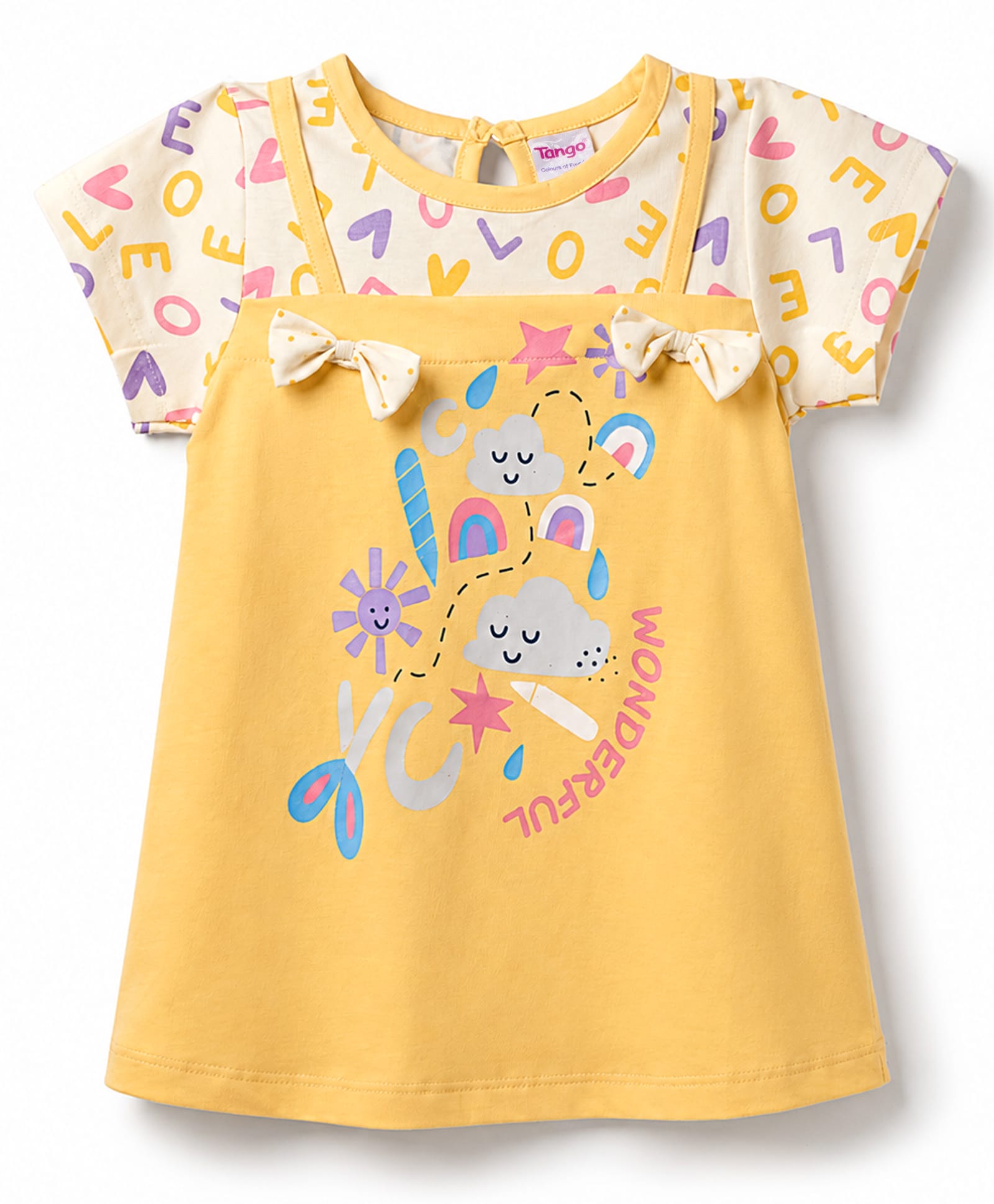 Tango Single Jersey Knit Half Sleeves Alphabets Printed Frock With Bow Applique - Golden-picture-23