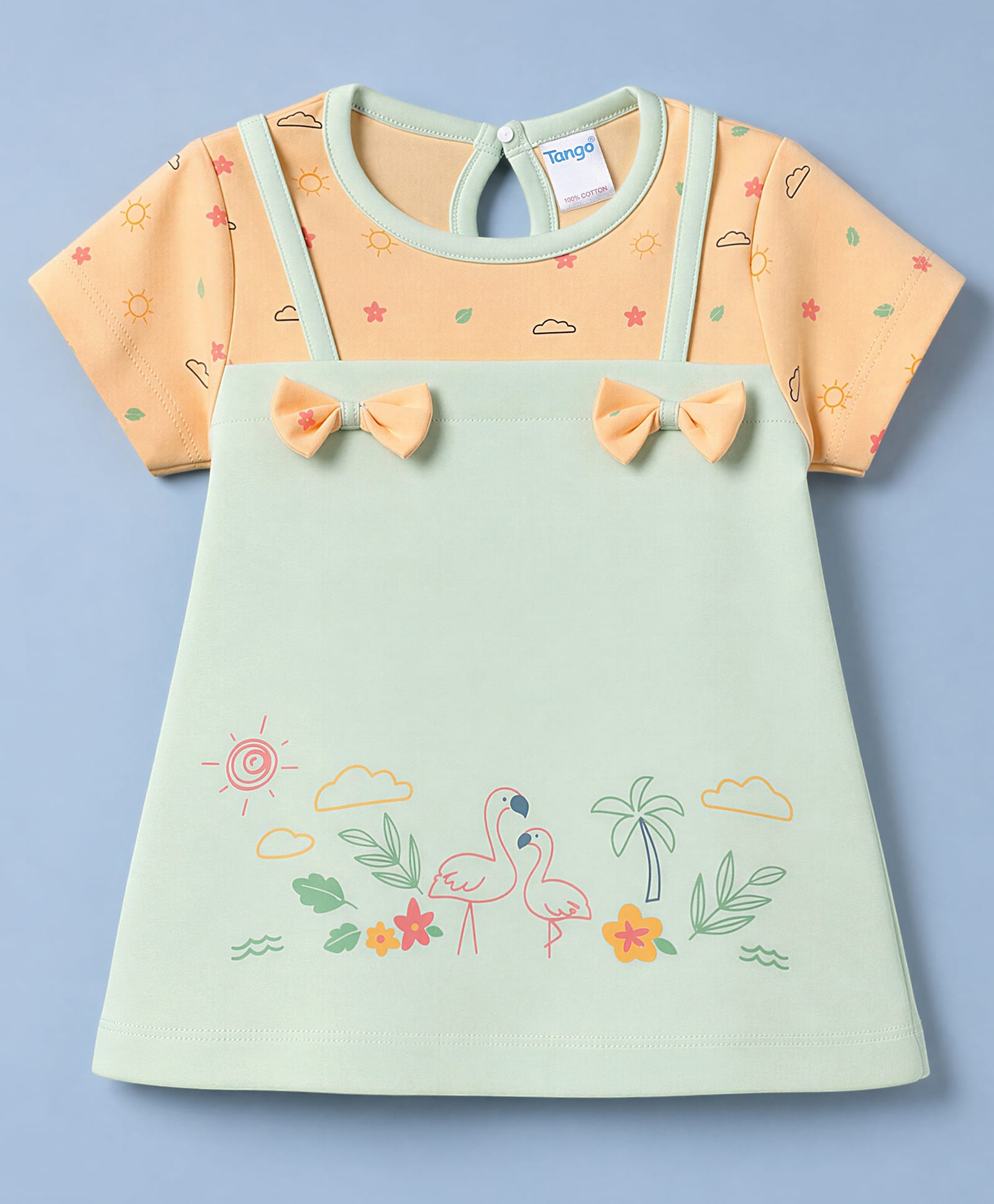 Tango Single Jersey Knit Half Sleeves Birds Printed Frock With Bow Applique - Light Green-image-2
