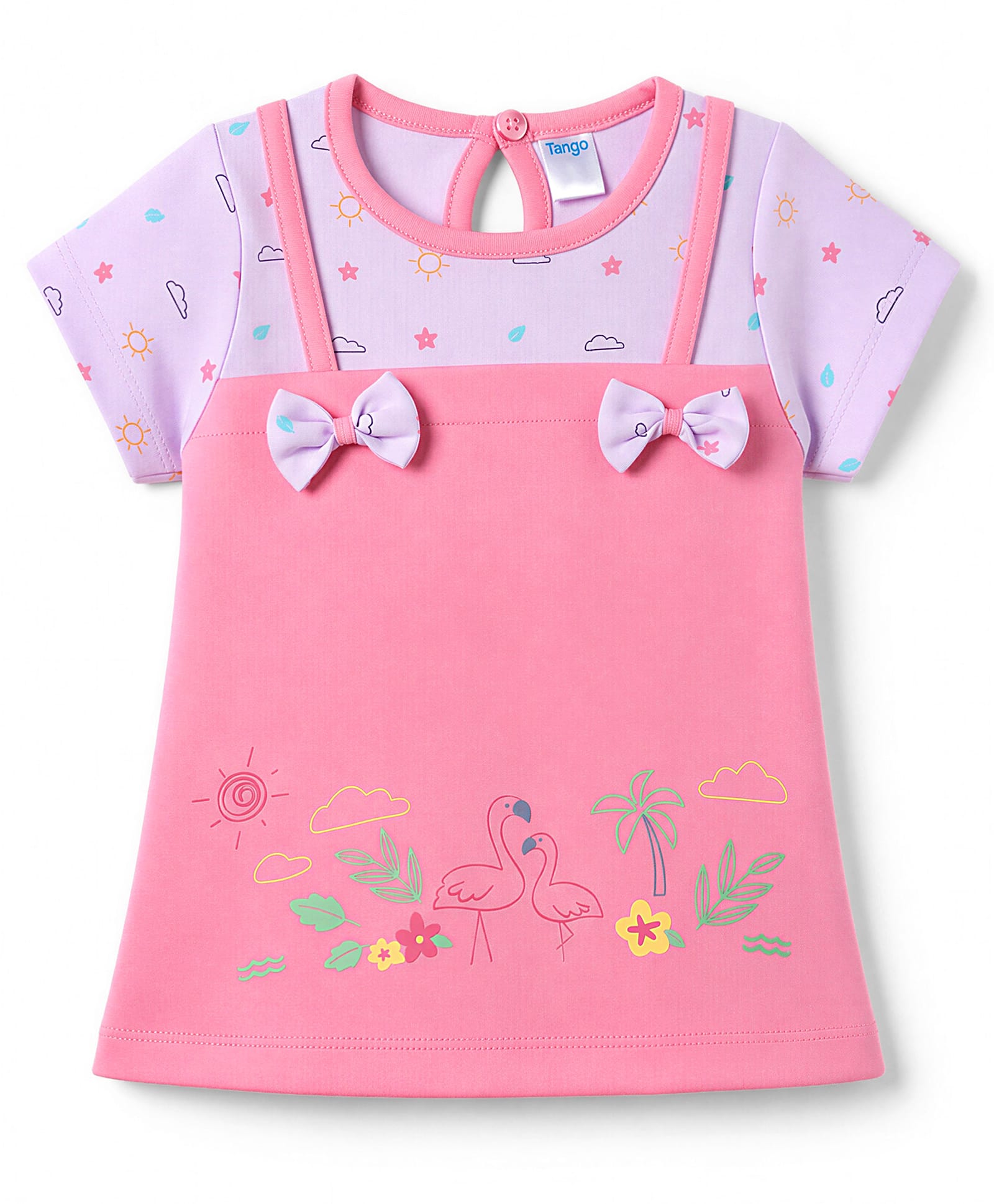 Tango Single Jersey Knit Half Sleeves Birds Printed Frock With Bow Applique - Pink-picture-33