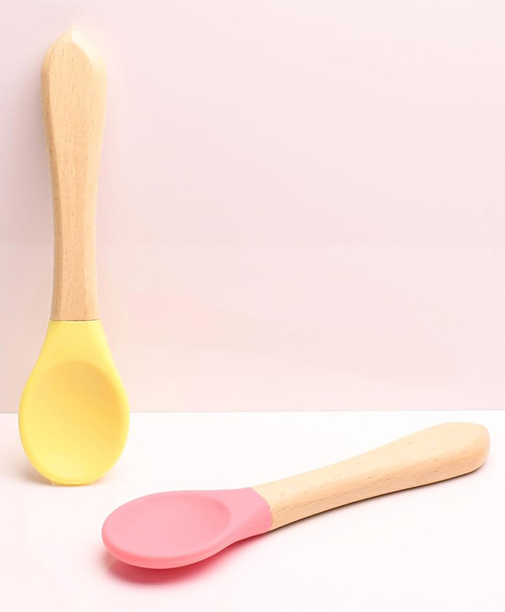 THE LITTLE LOOKERS Silicone Spoon with Bamboo Handle, BPA Free Feeding Spoons for Baby/Kids/Toddlers Pack of 2 - Pink & Yellow-image-30