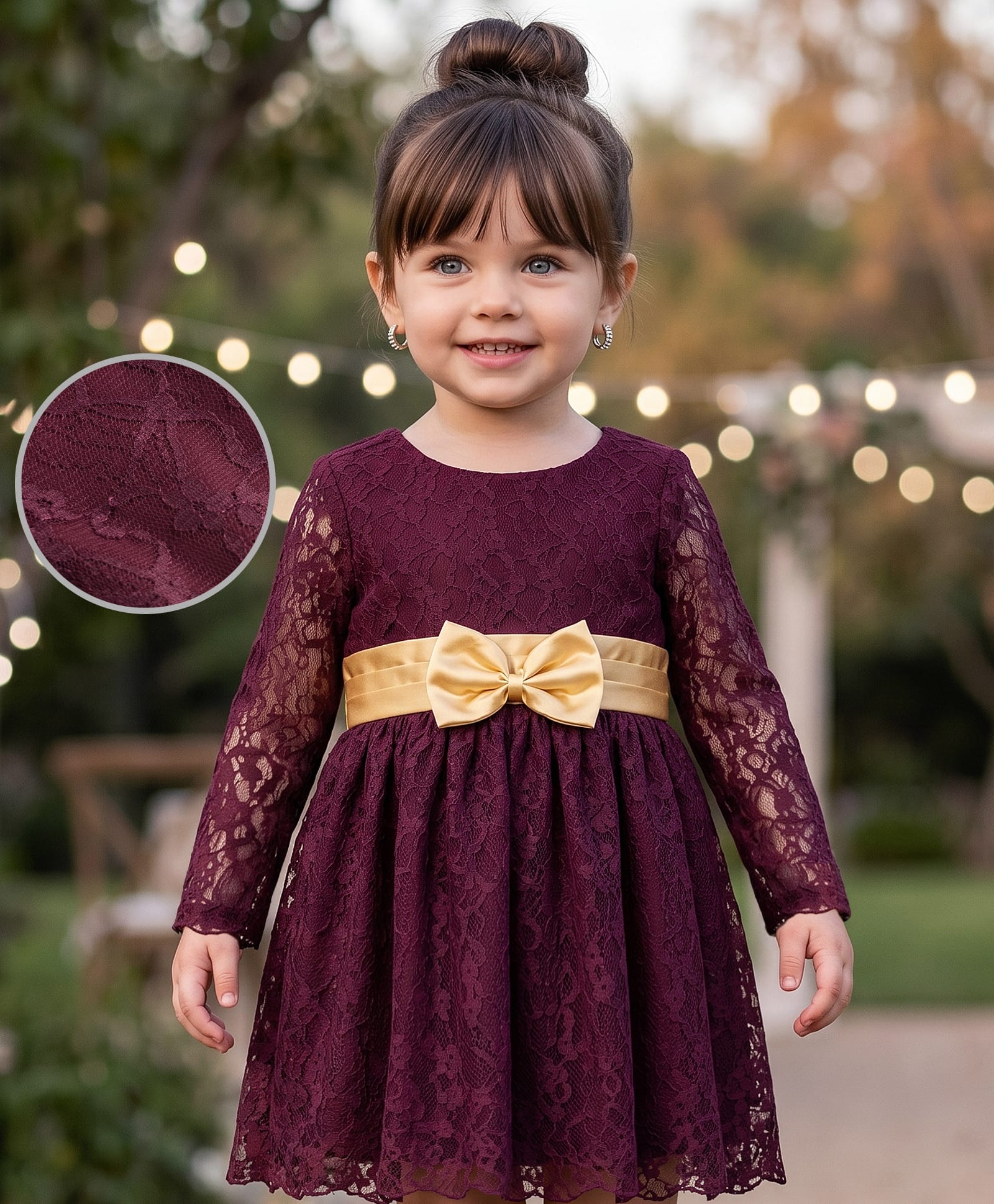 Babyoye Lace Woven Full Sleeves Embroidered Party Dresses with Bow Applique - Maroon-image-34